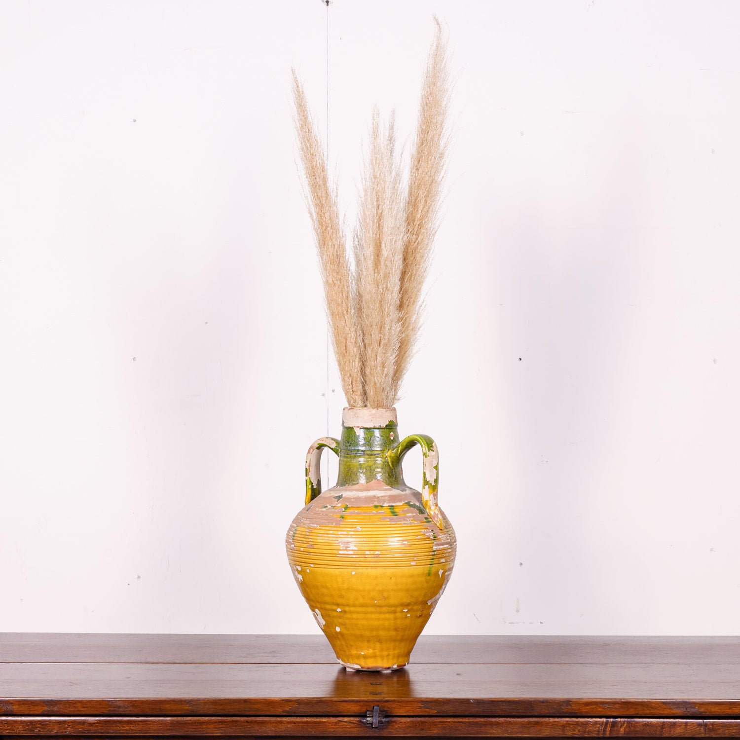 19th Century French Terracotta Amphora or Olive Jar with Green and Yellow Glaze