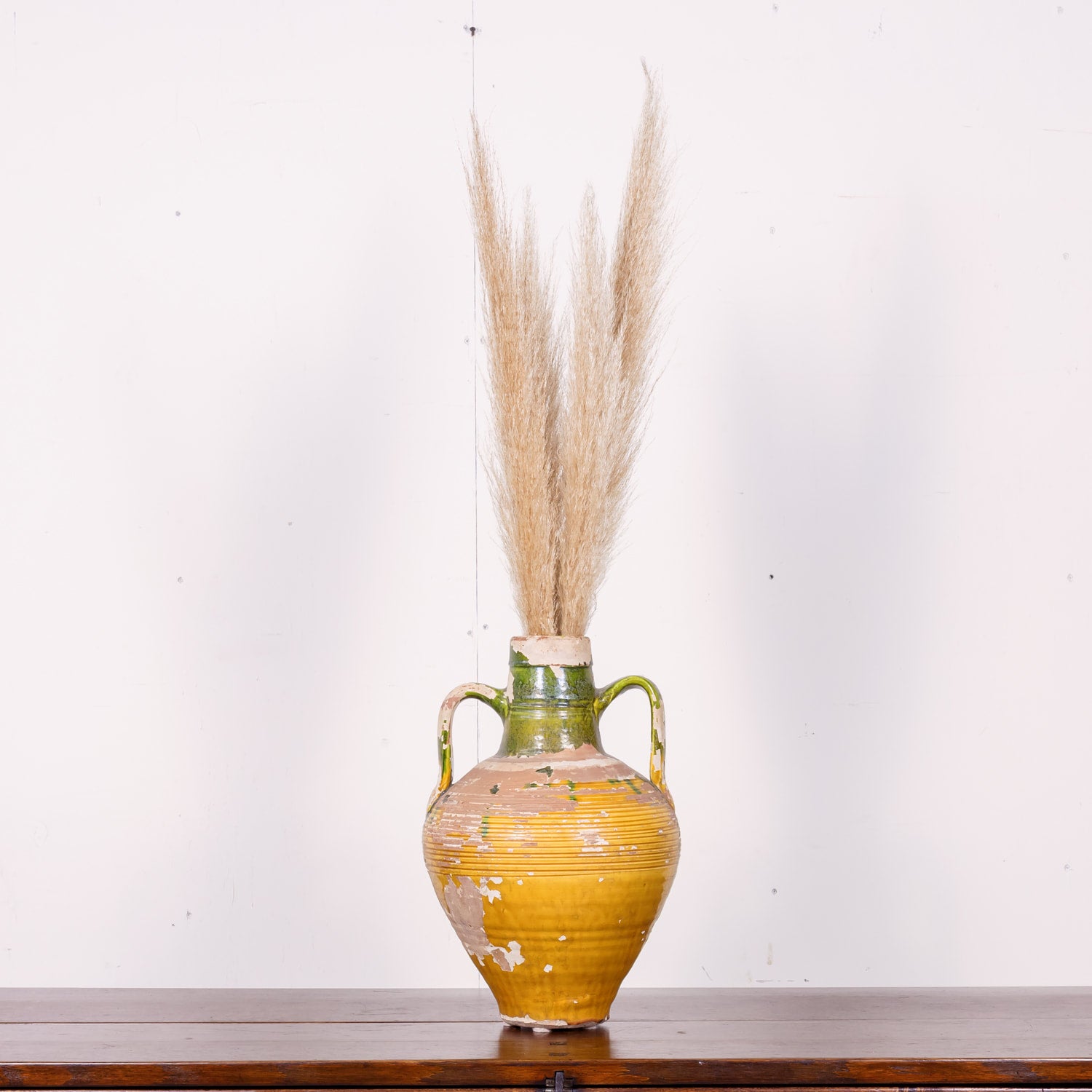 19th Century French Terracotta Amphora or Olive Jar with Green and Yellow Glaze