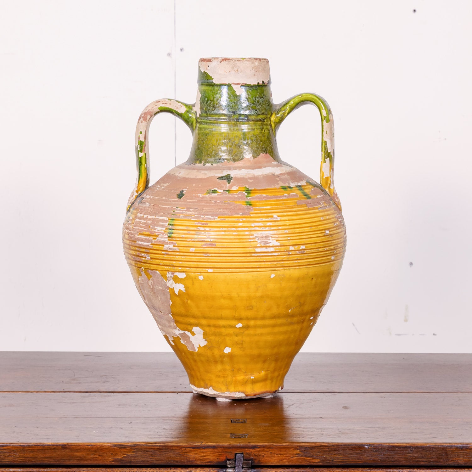 19th Century French Terracotta Amphora or Olive Jar with Green and Yellow Glaze