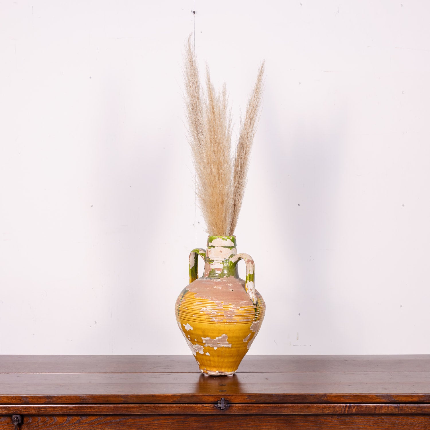 19th Century French Terracotta Amphora or Olive Jar with Green and Yellow Glaze