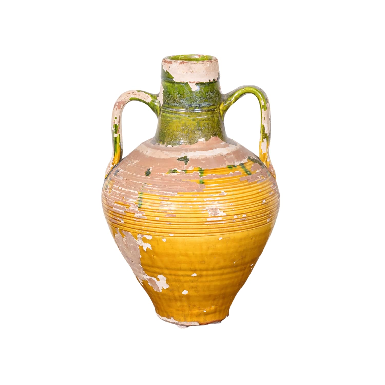 19th Century French Terracotta Amphora or Olive Jar with Green and Yellow Glaze
