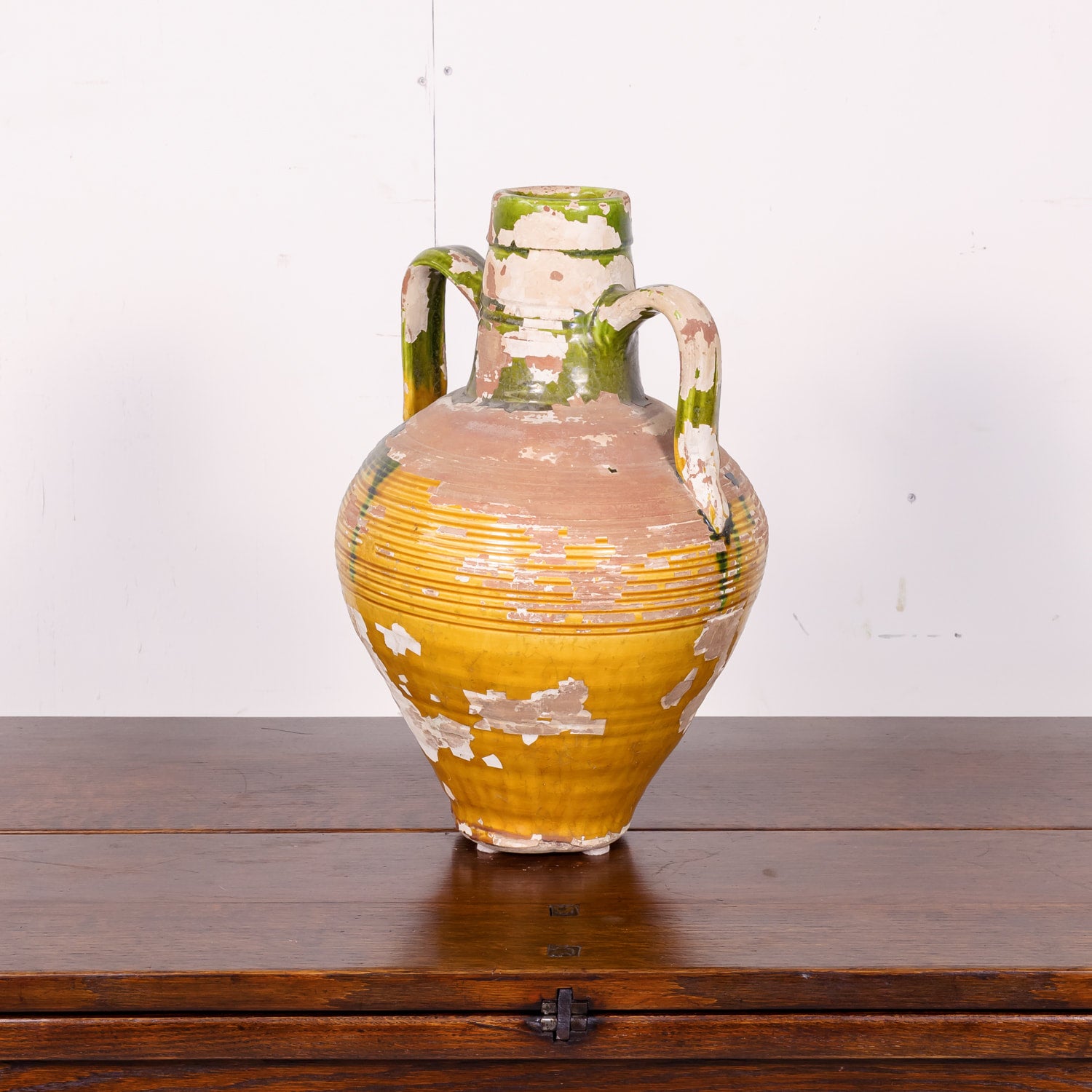 19th Century French Terracotta Amphora or Olive Jar with Green and Yellow Glaze
