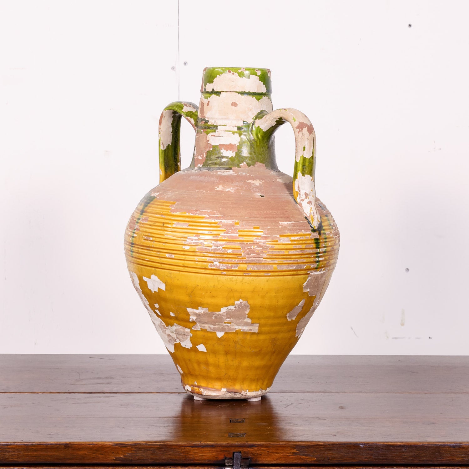 19th Century French Terracotta Amphora or Olive Jar with Green and Yellow Glaze