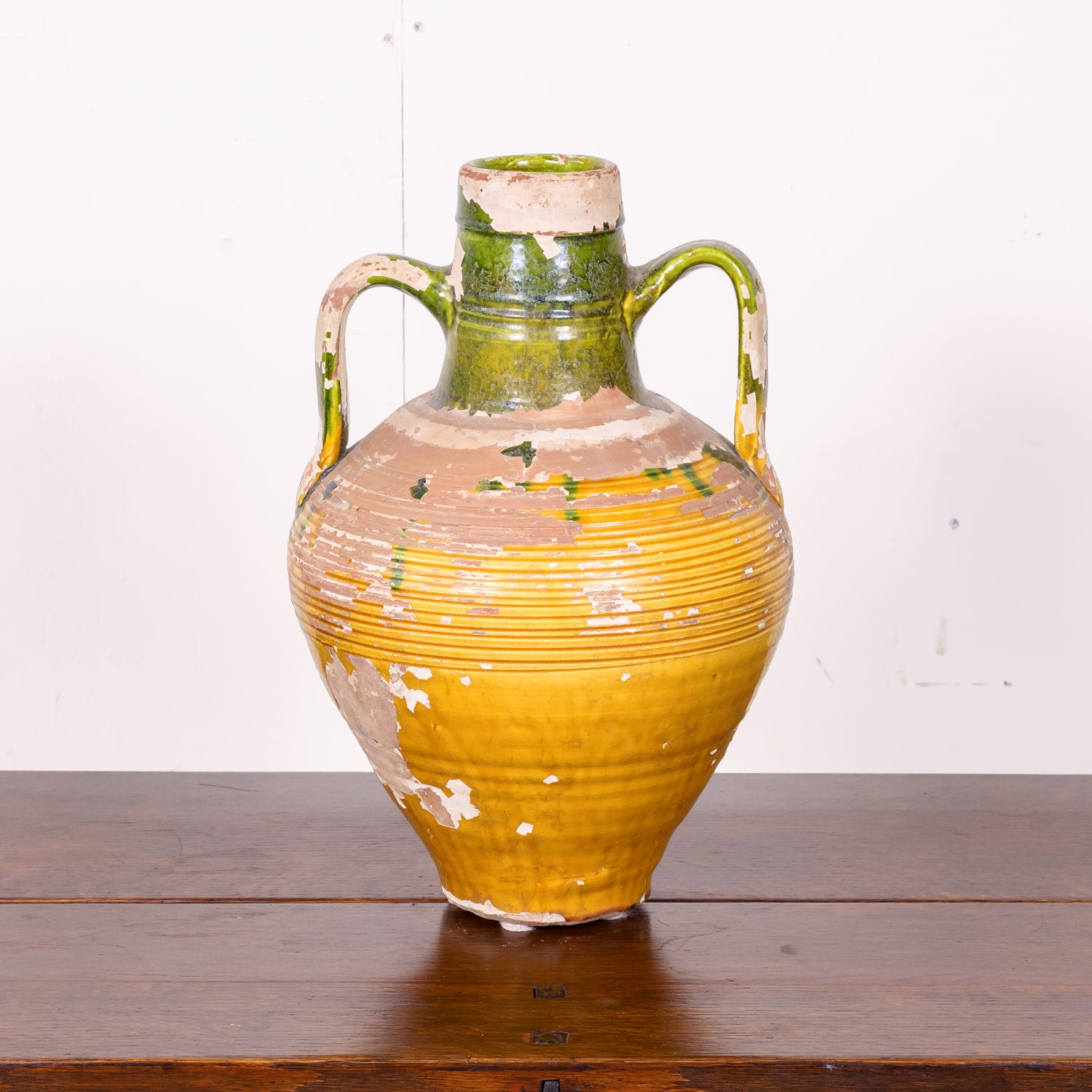 19th Century French Terracotta Amphora or Olive Jar with Green and Yellow Glaze