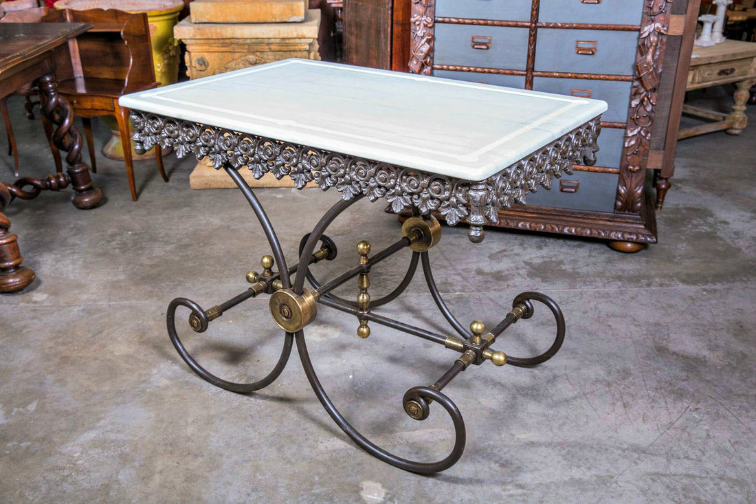 Small French Iron Butcher or Pastry Table with Marble Top
