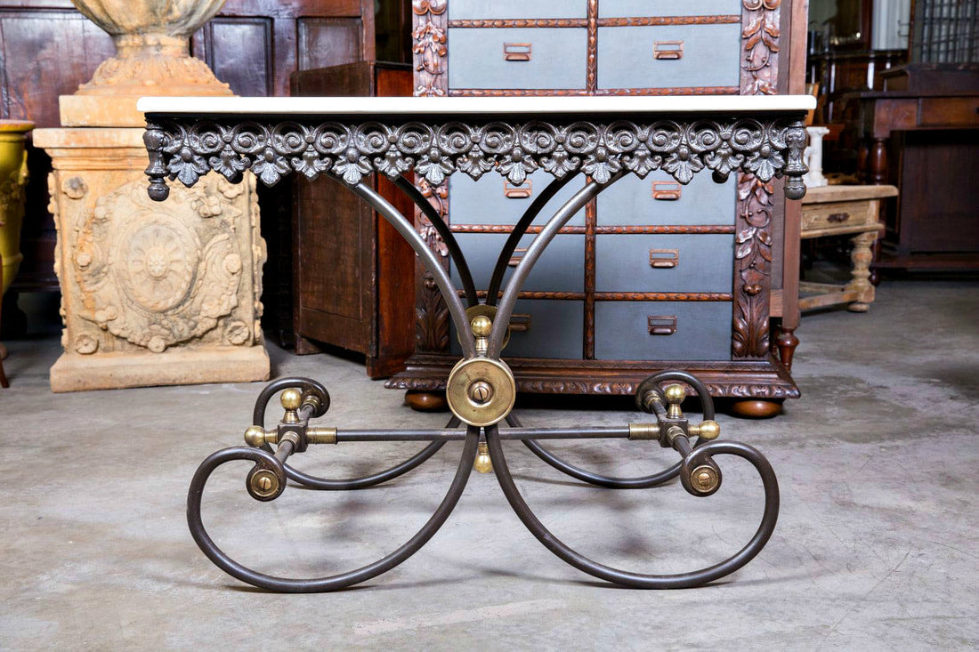 Small French Iron Butcher or Pastry Table with Marble Top