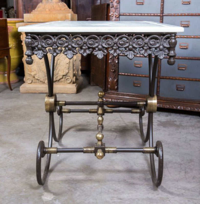 Small French Iron Butcher or Pastry Table with Marble Top