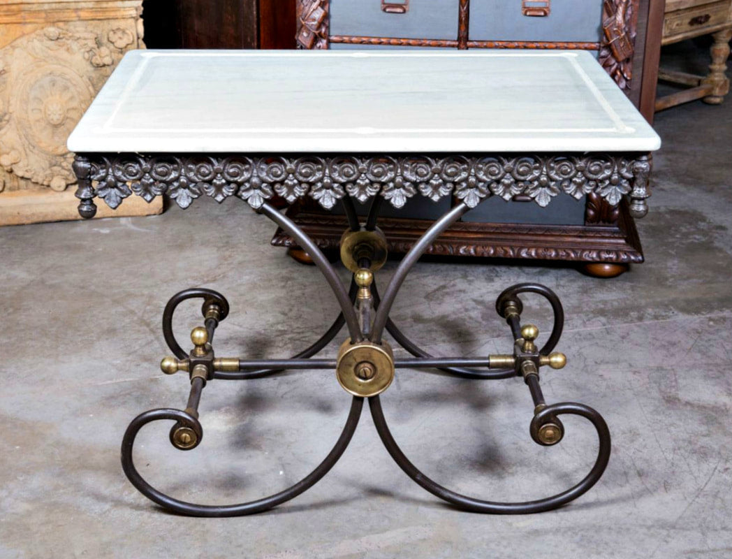 Small French Iron Butcher or Pastry Table with Marble Top
