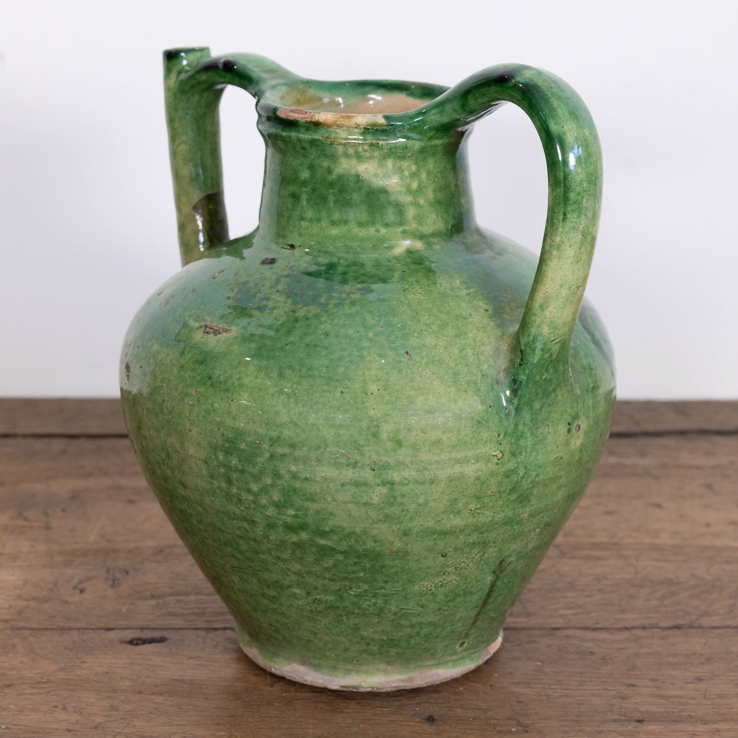 Very Large Antique French Cruche Orjol or Water Jug with Rare Green Glaze