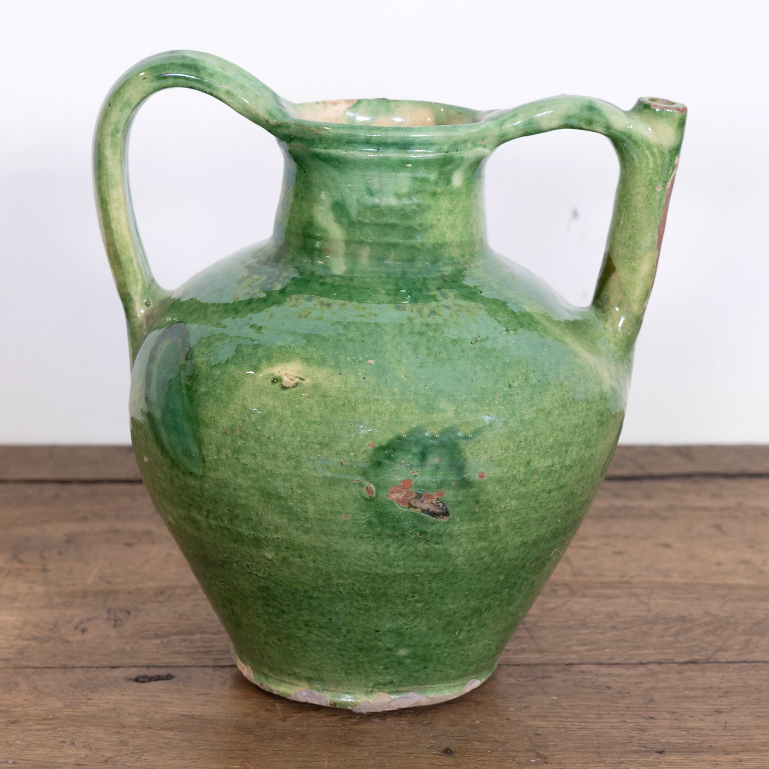 Very Large Antique French Cruche Orjol or Water Jug with Rare Green Glaze