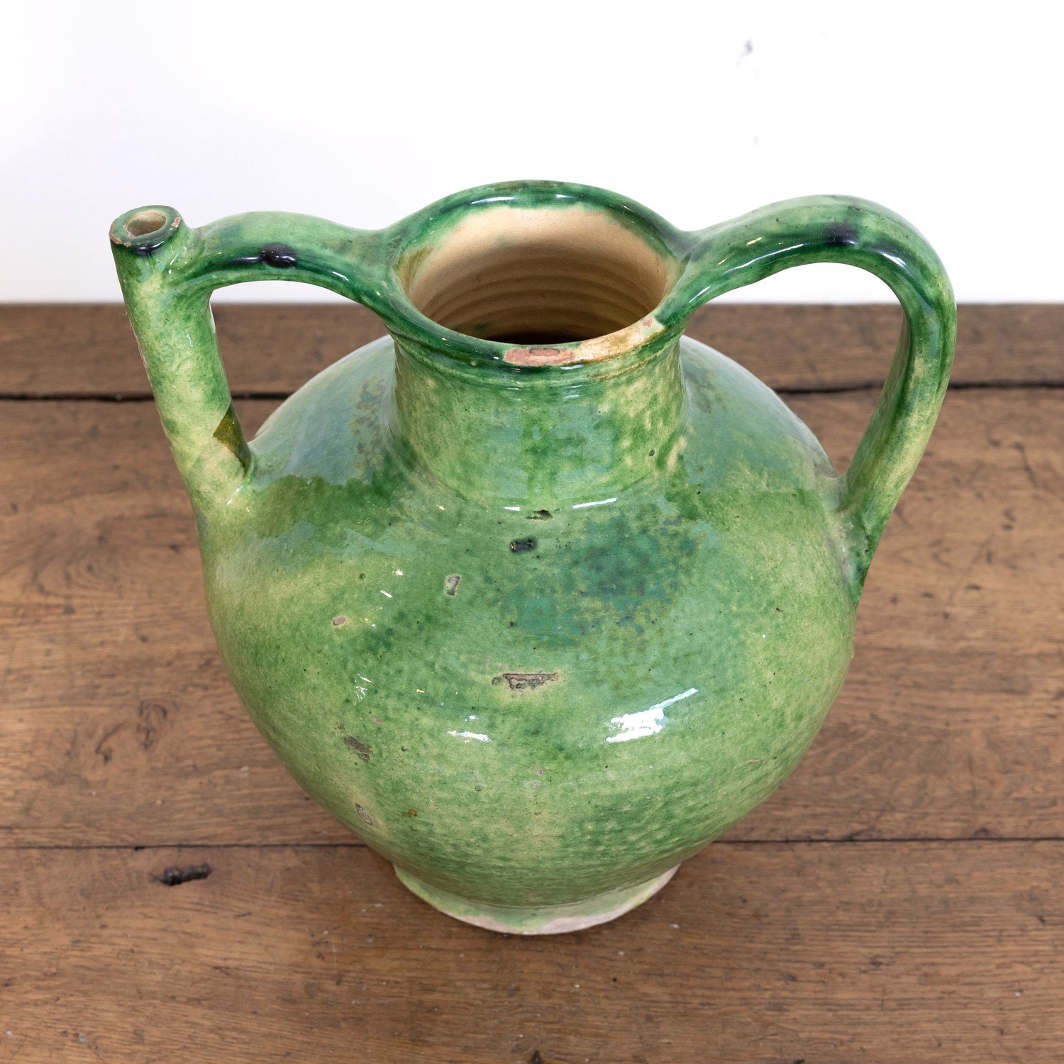 Very Large Antique French Cruche Orjol or Water Jug with Rare Green Glaze