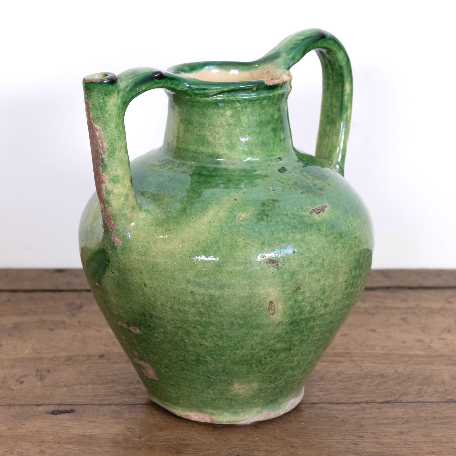 Very Large Antique French Cruche Orjol or Water Jug with Rare Green Glaze