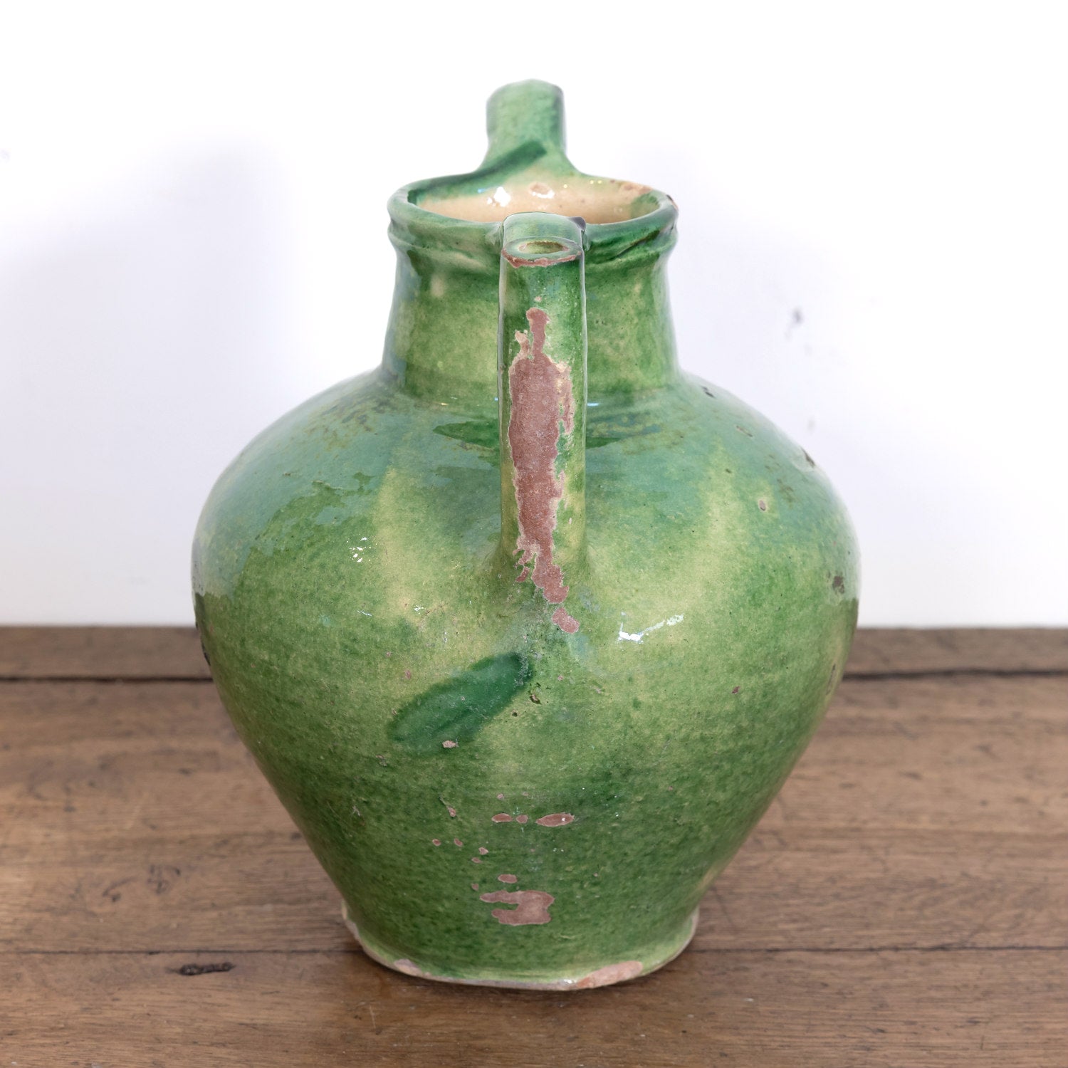 Very Large Antique French Cruche Orjol or Water Jug with Rare Green Glaze
