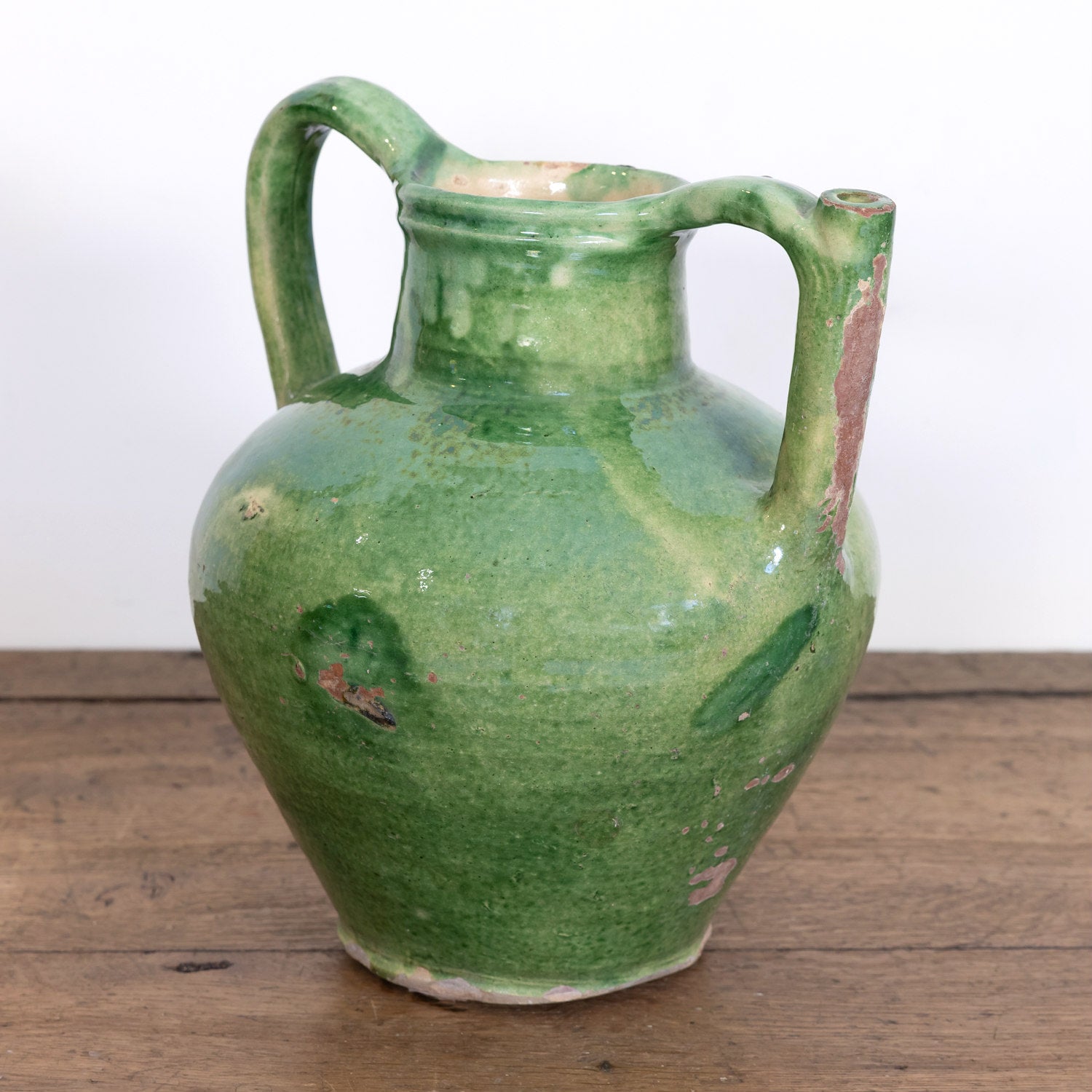 Very Large Antique French Cruche Orjol or Water Jug with Rare Green Glaze
