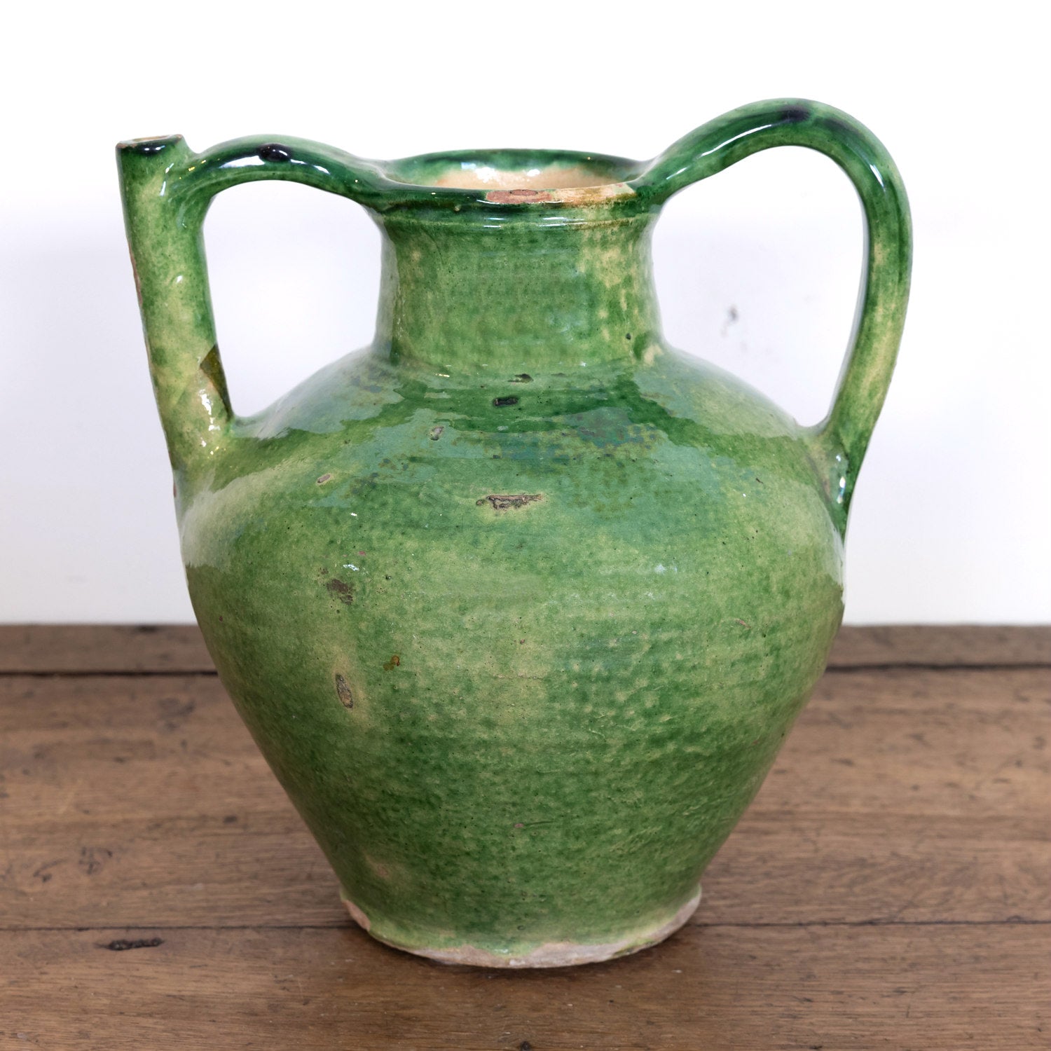 Very Large Antique French Cruche Orjol or Water Jug with Rare Green Glaze