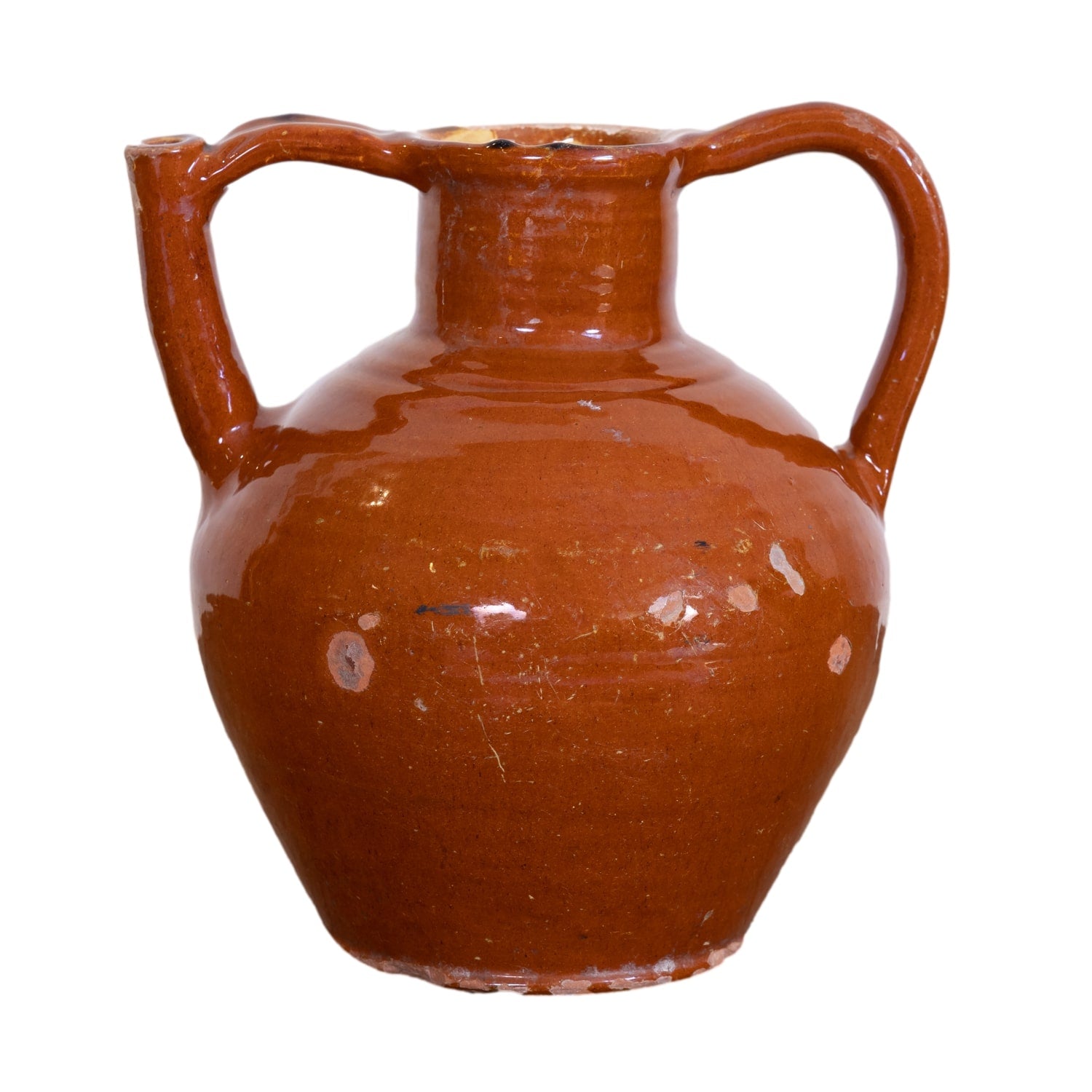Antique French Cruche Orjol or Water Jug with Dark Mustard or Caramel Glaze
