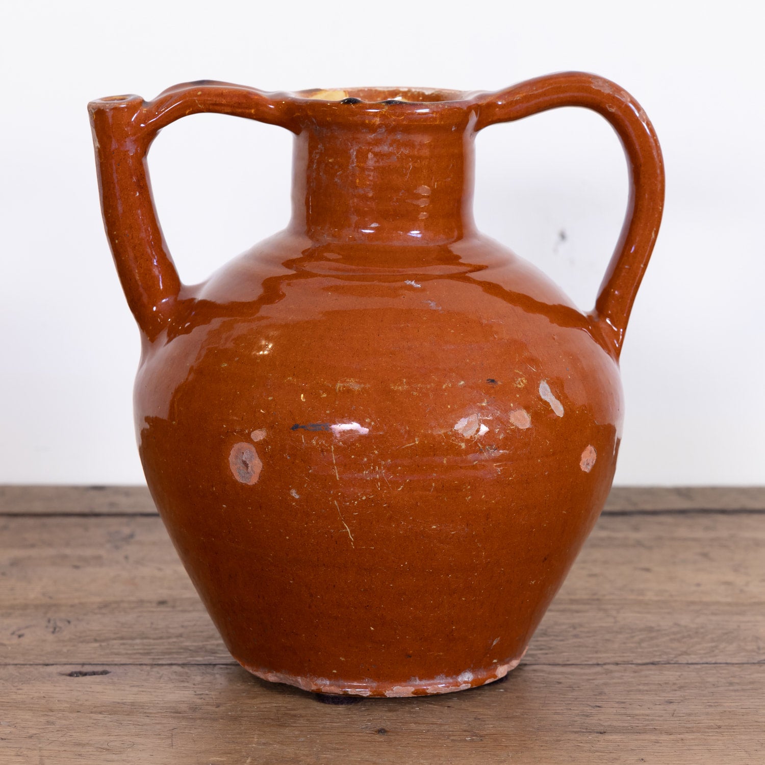 Antique French Cruche Orjol or Water Jug with Dark Mustard or Caramel Glaze