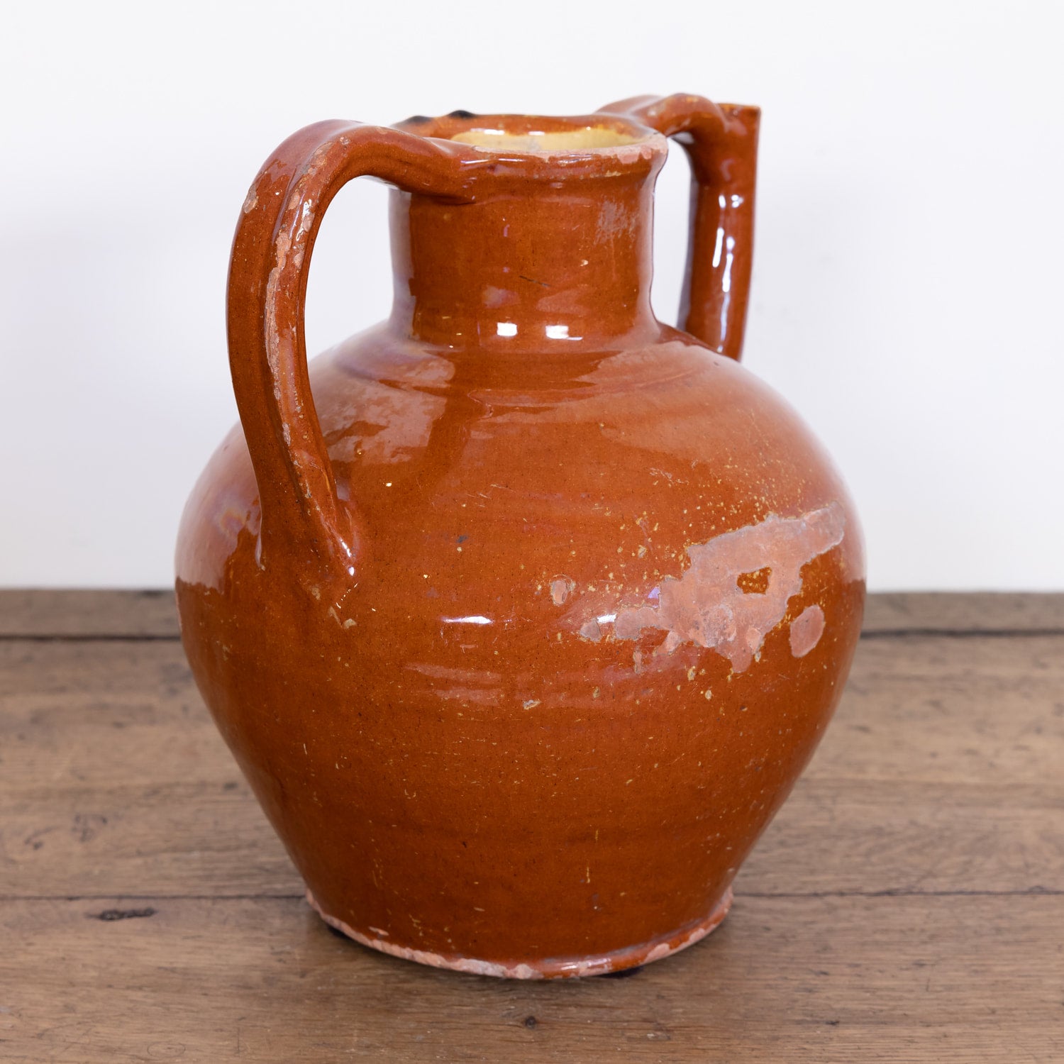 Antique French Cruche Orjol or Water Jug with Dark Mustard or Caramel Glaze