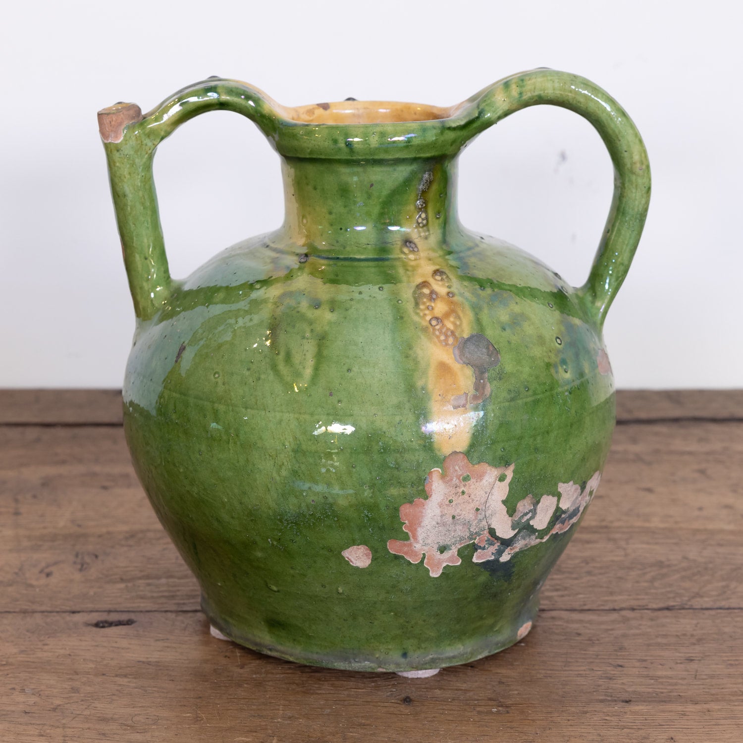 Large Antique French Cruche Orjol or Water Jug with Rare Green Glaze SOLD