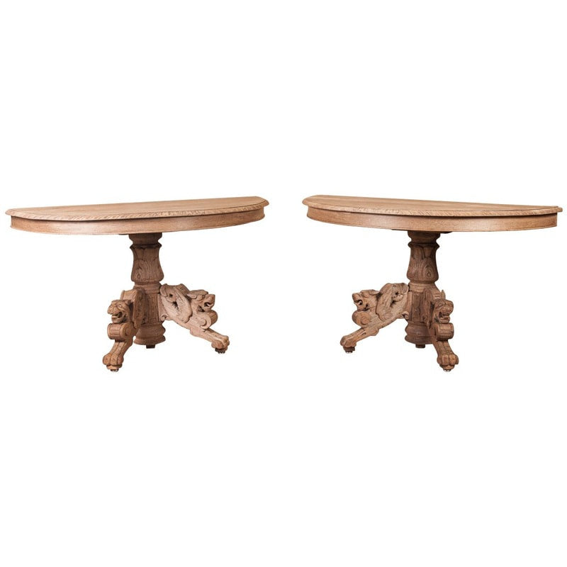 Pair of Antique Henri II Washed Oak Demilune Wall Console Tables  