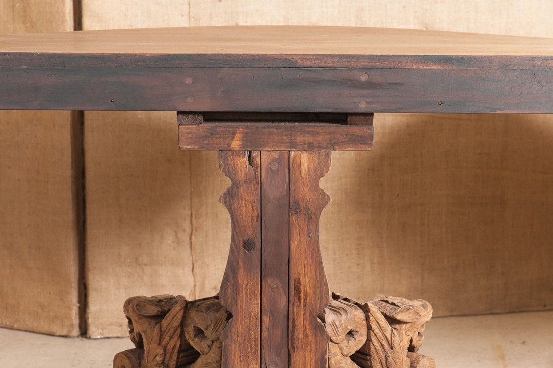 Pair of Antique Henri II Washed Oak Demilune Wall Console Tables  