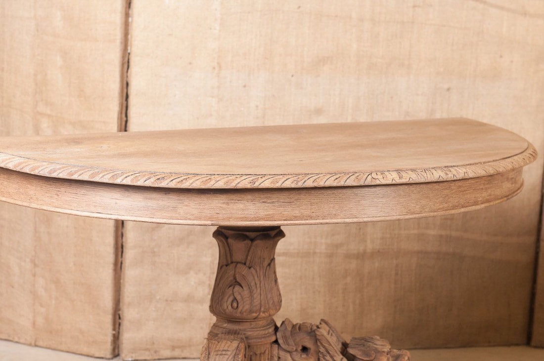 Pair of Antique Henri II Washed Oak Demilune Wall Console Tables  