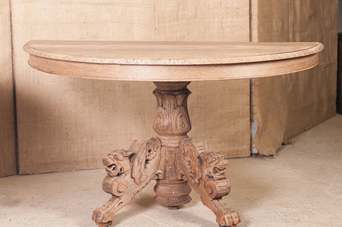 Pair of Antique Henri II Washed Oak Demilune Wall Console Tables  