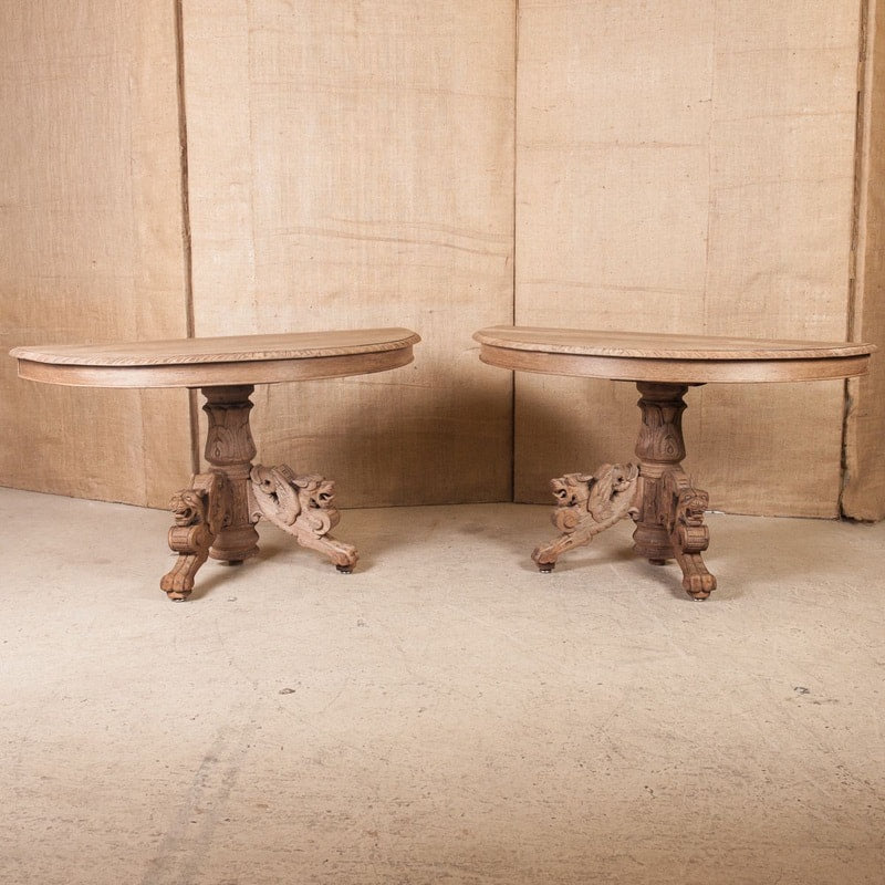 Pair of Antique Henri II Washed Oak Demilune Wall Console Tables  