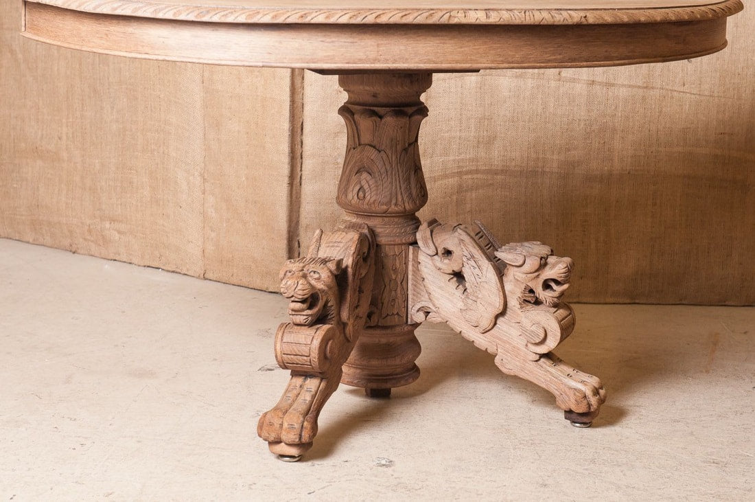 Pair of Antique Henri II Washed Oak Demilune Wall Console Tables  