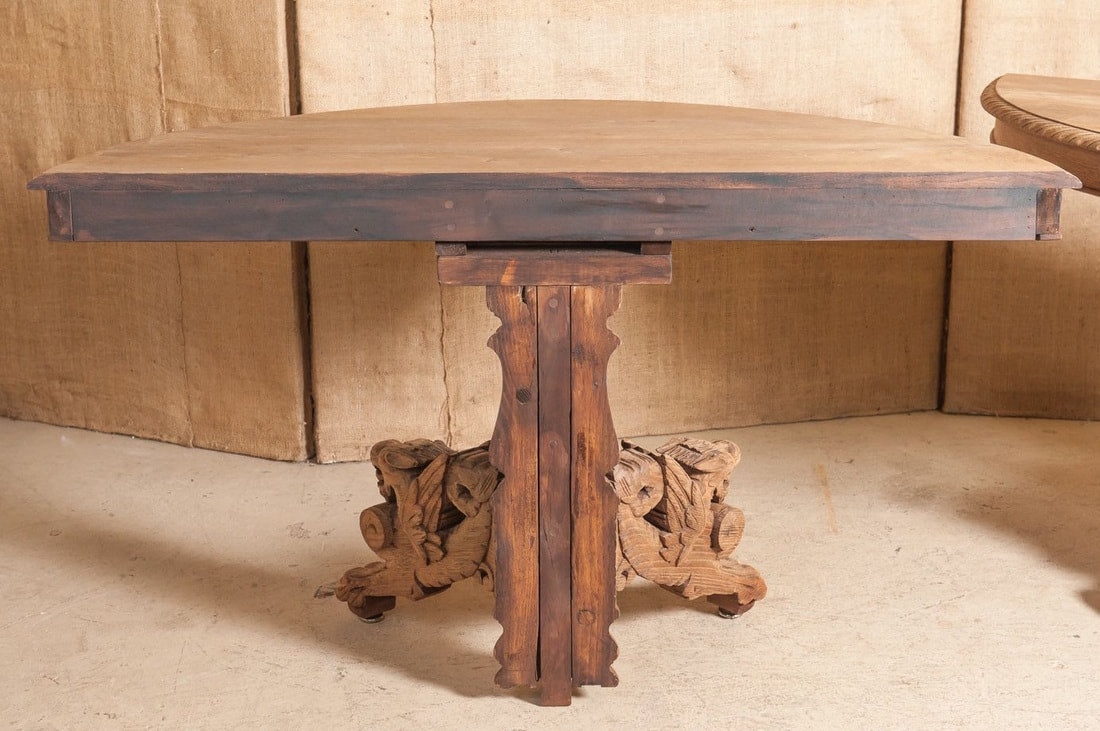 Pair of Antique Henri II Washed Oak Demilune Wall Console Tables  