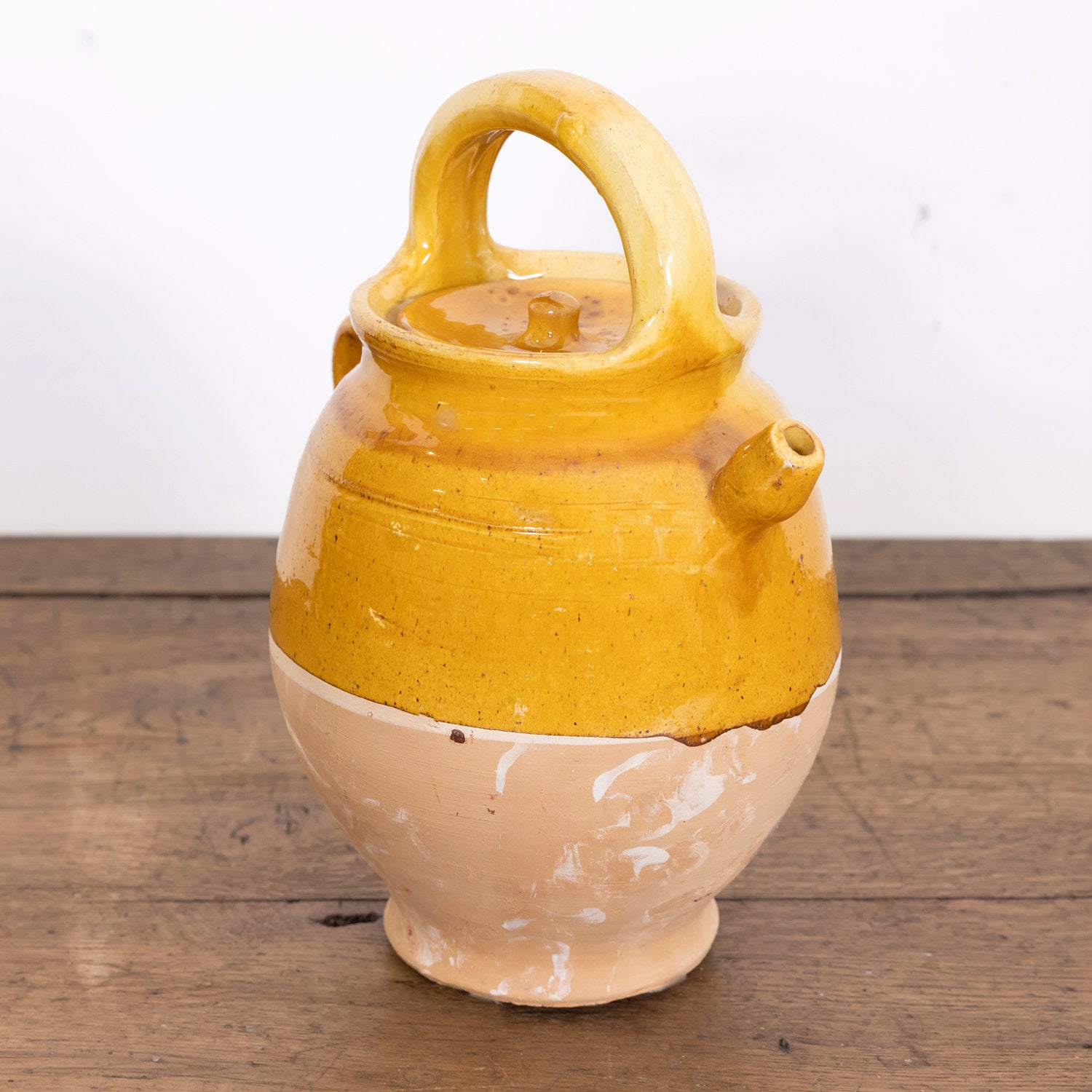Large 19th Century Ochre Glazed French Cruche or Water Pitcher Complete with Lid