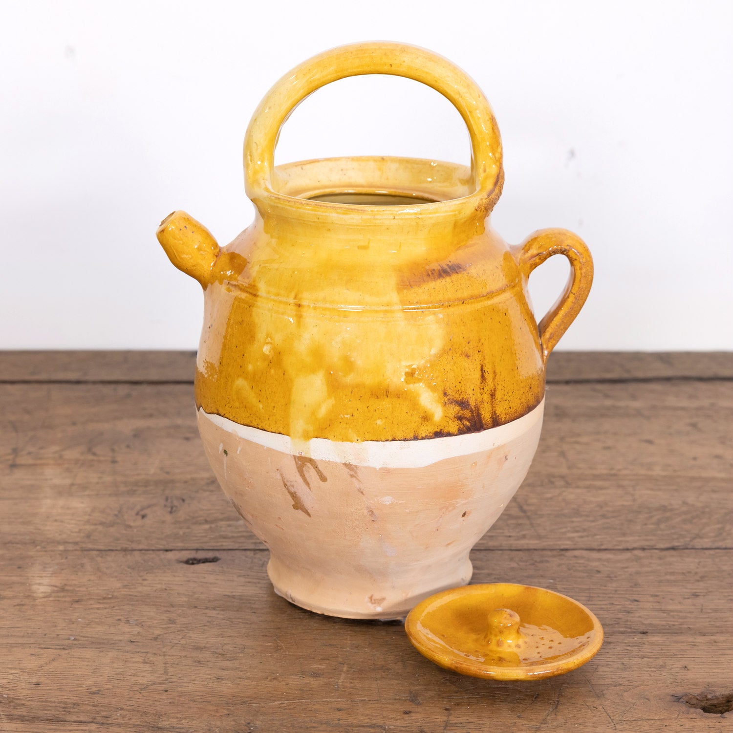 Large 19th Century Ochre Glazed French Cruche or Water Pitcher Complete with Lid