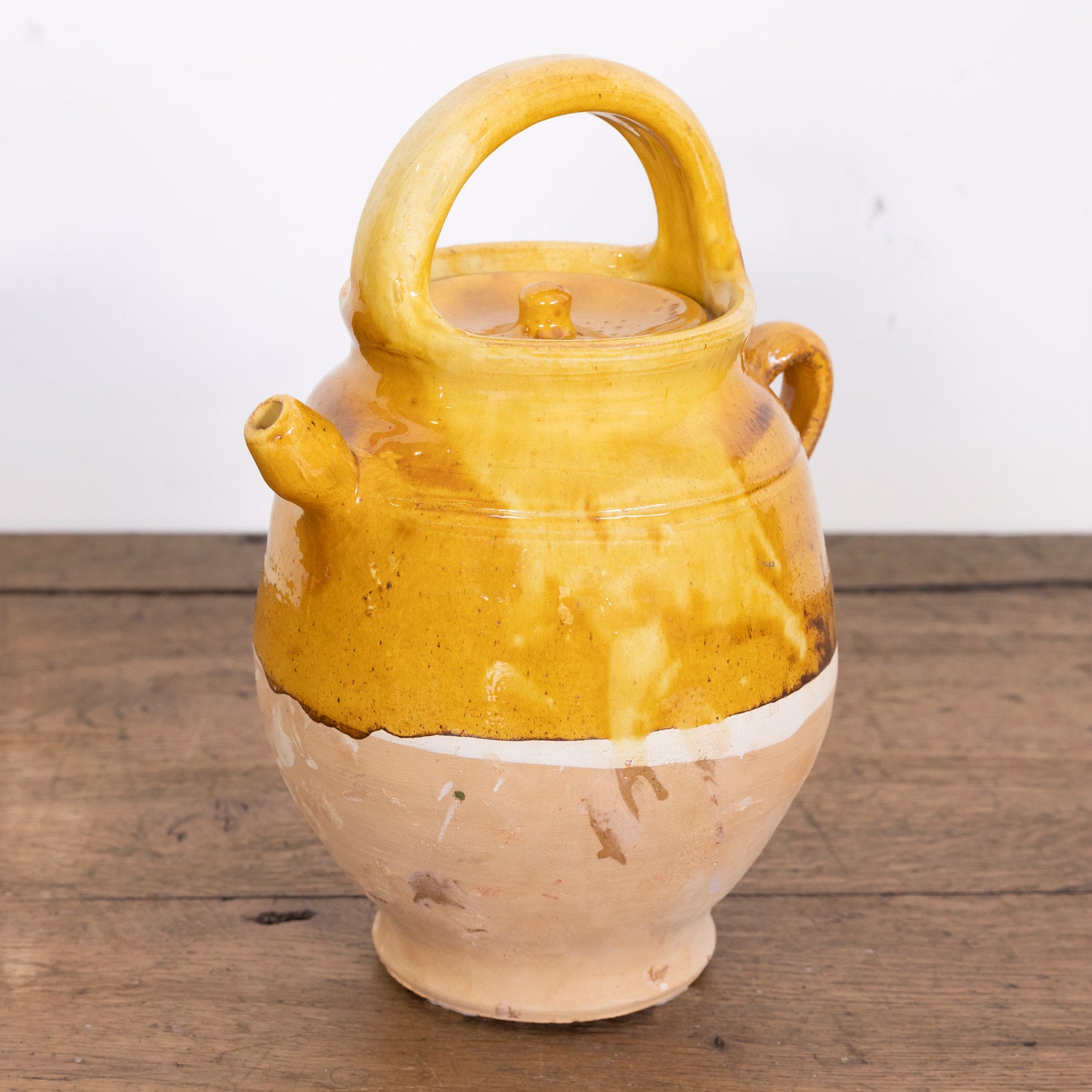 Large 19th Century Ochre Glazed French Cruche or Water Pitcher Complete with Lid