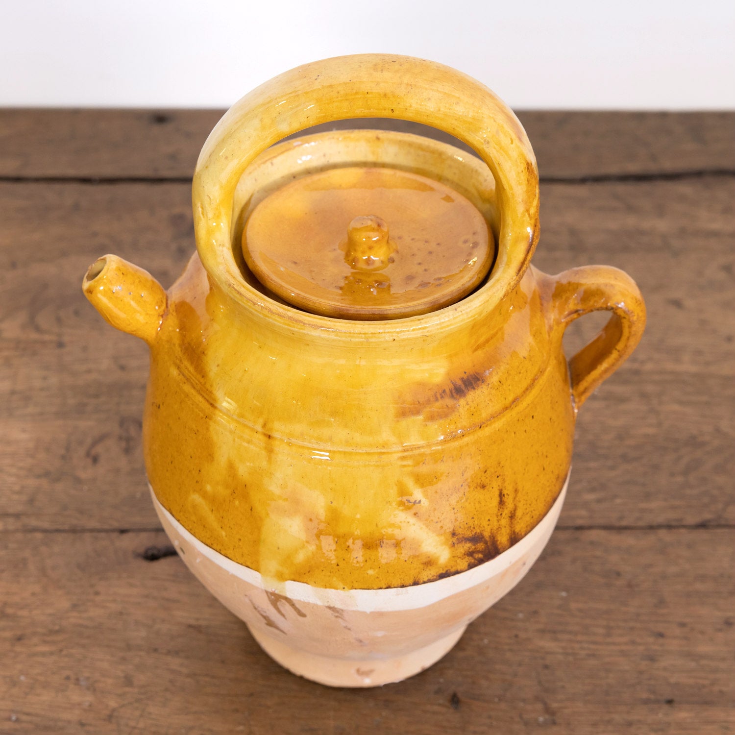 Large 19th Century Ochre Glazed French Cruche or Water Pitcher Complete with Lid