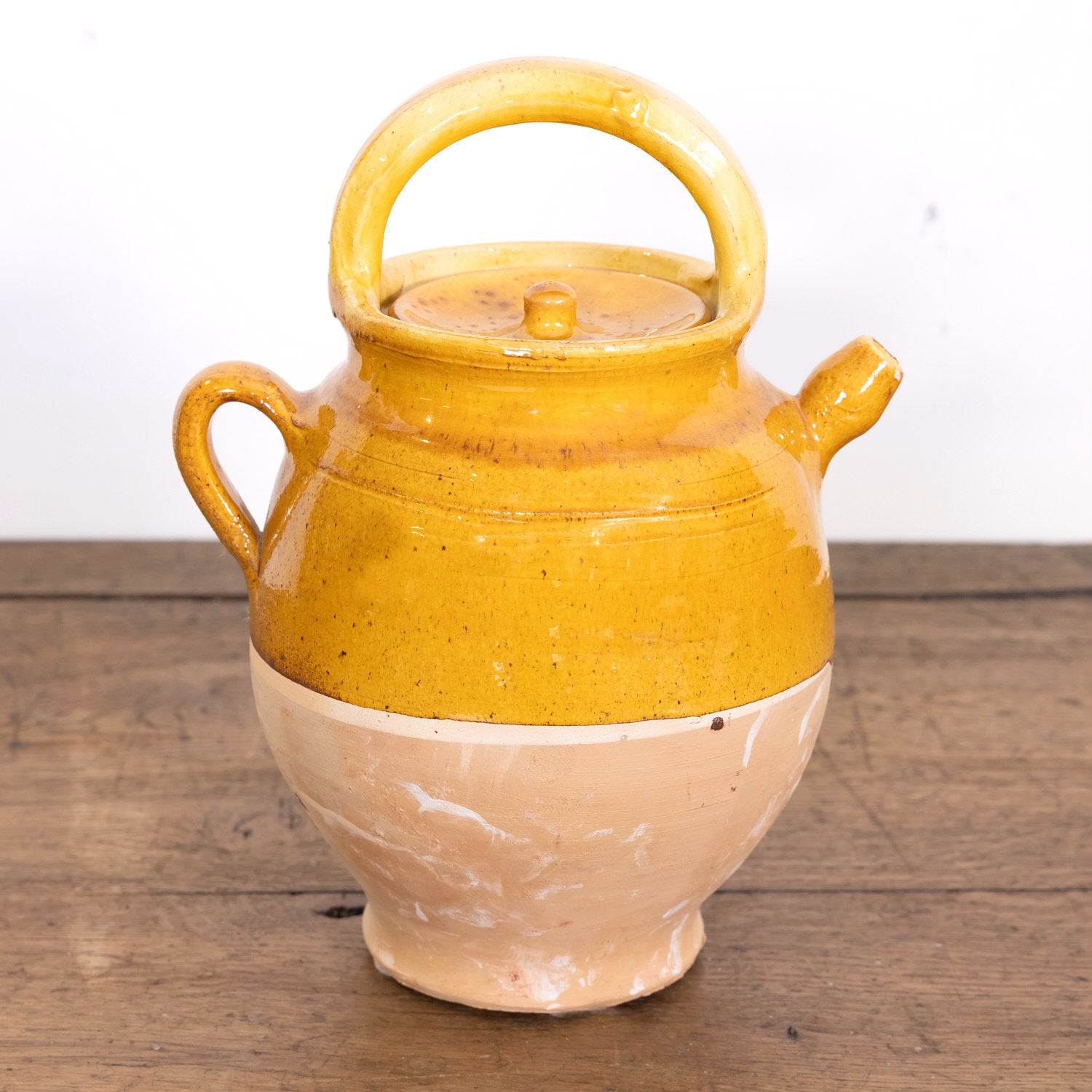 Large 19th Century Ochre Glazed French Cruche or Water Pitcher Complete with Lid