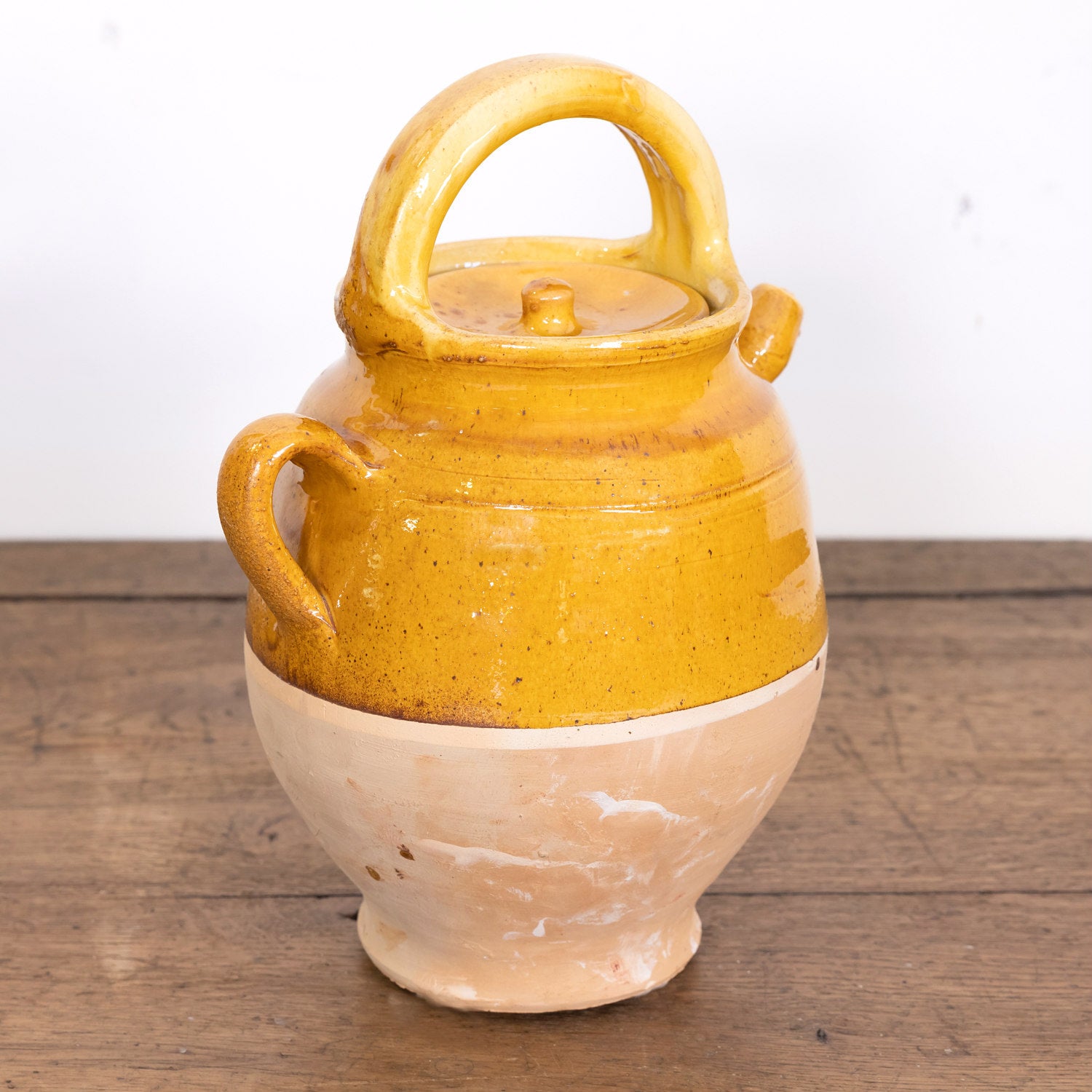 Large 19th Century Ochre Glazed French Cruche or Water Pitcher Complete with Lid