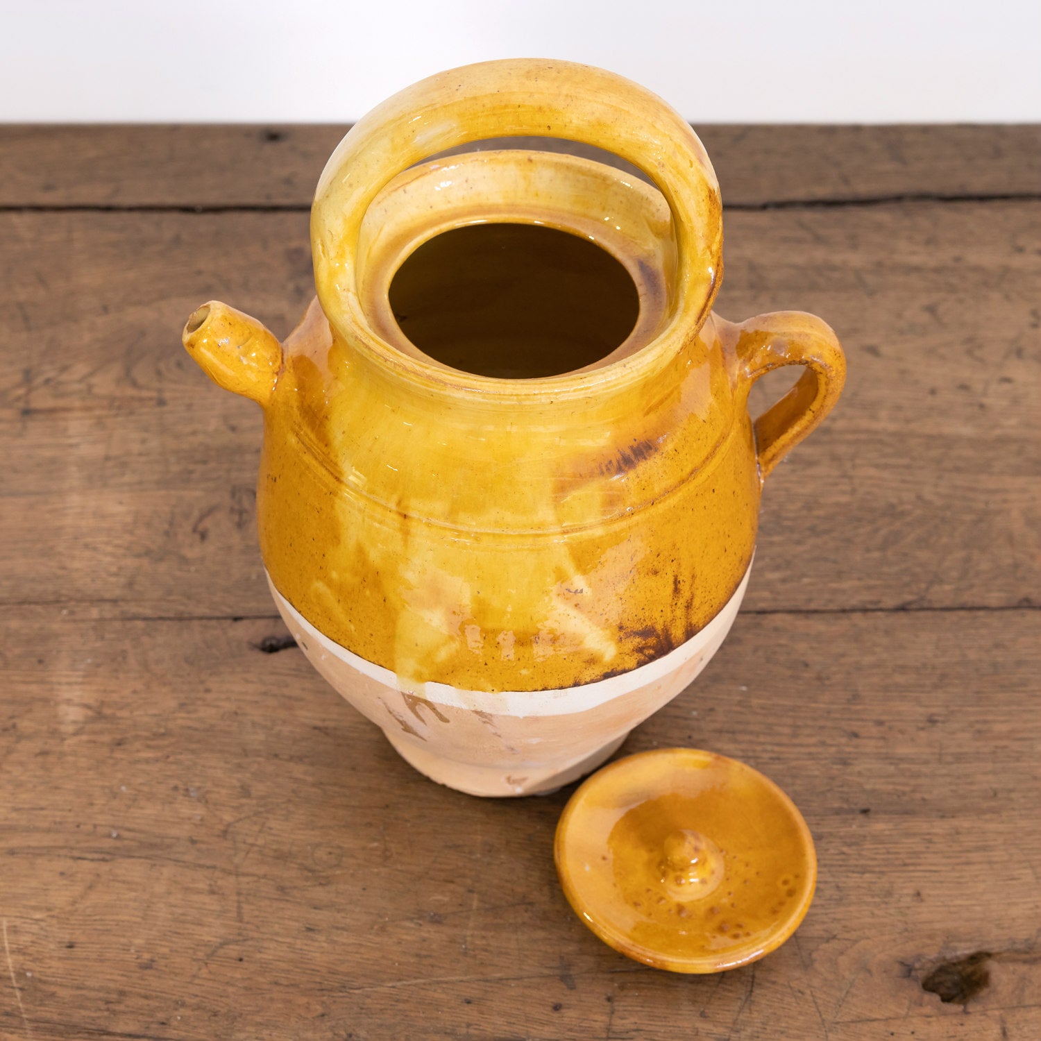 Large 19th Century Ochre Glazed French Cruche or Water Pitcher Complete with Lid