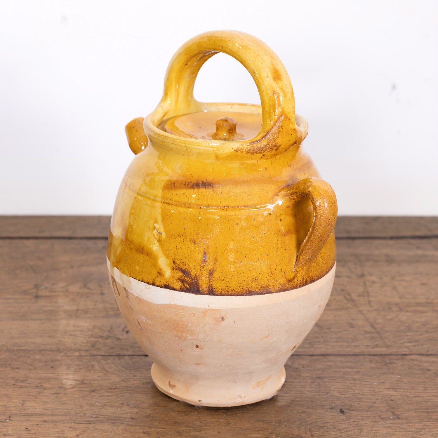 Large 19th Century Ochre Glazed French Cruche or Water Pitcher Complete with Lid