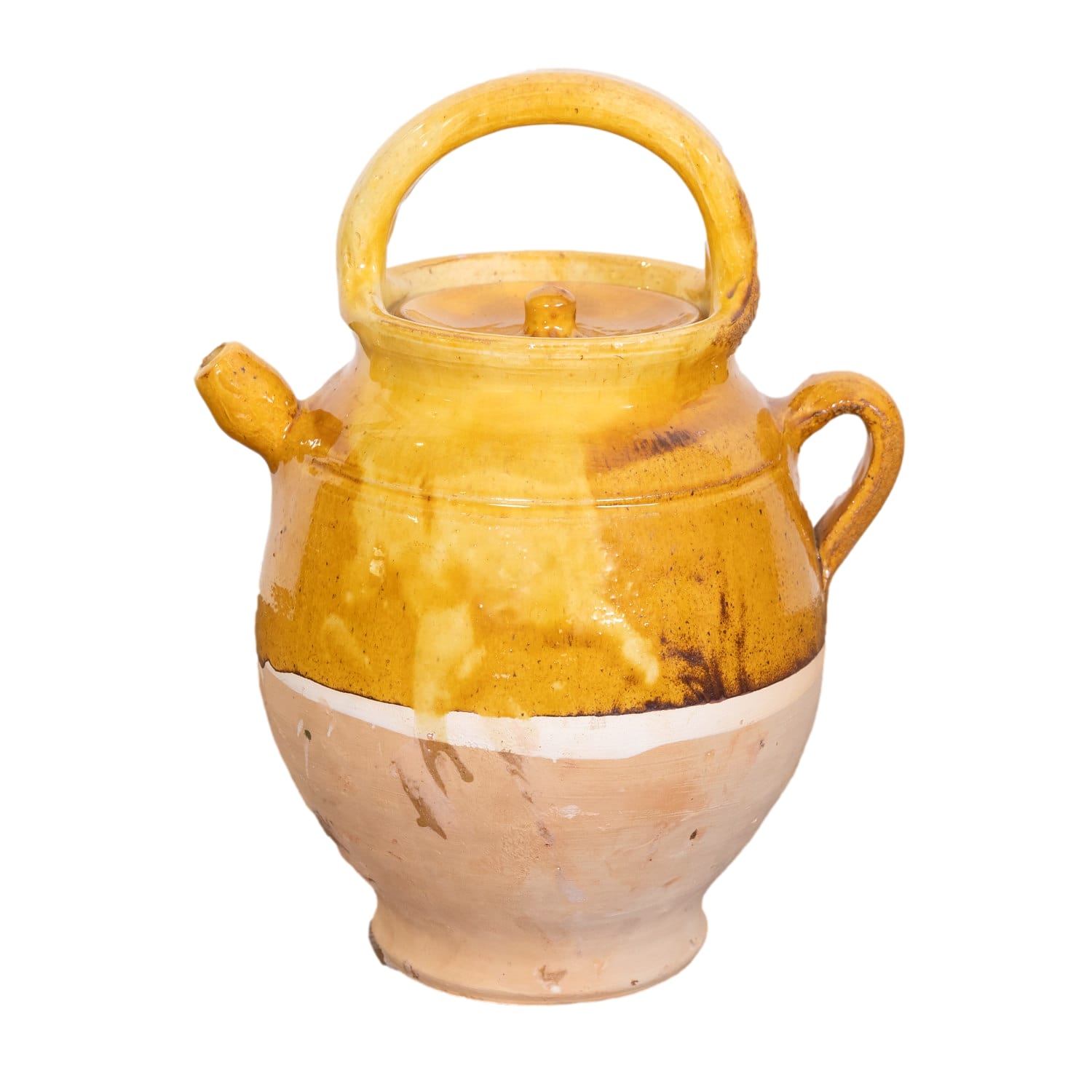 Large 19th Century Ochre Glazed French Cruche or Water Pitcher Complete with Lid