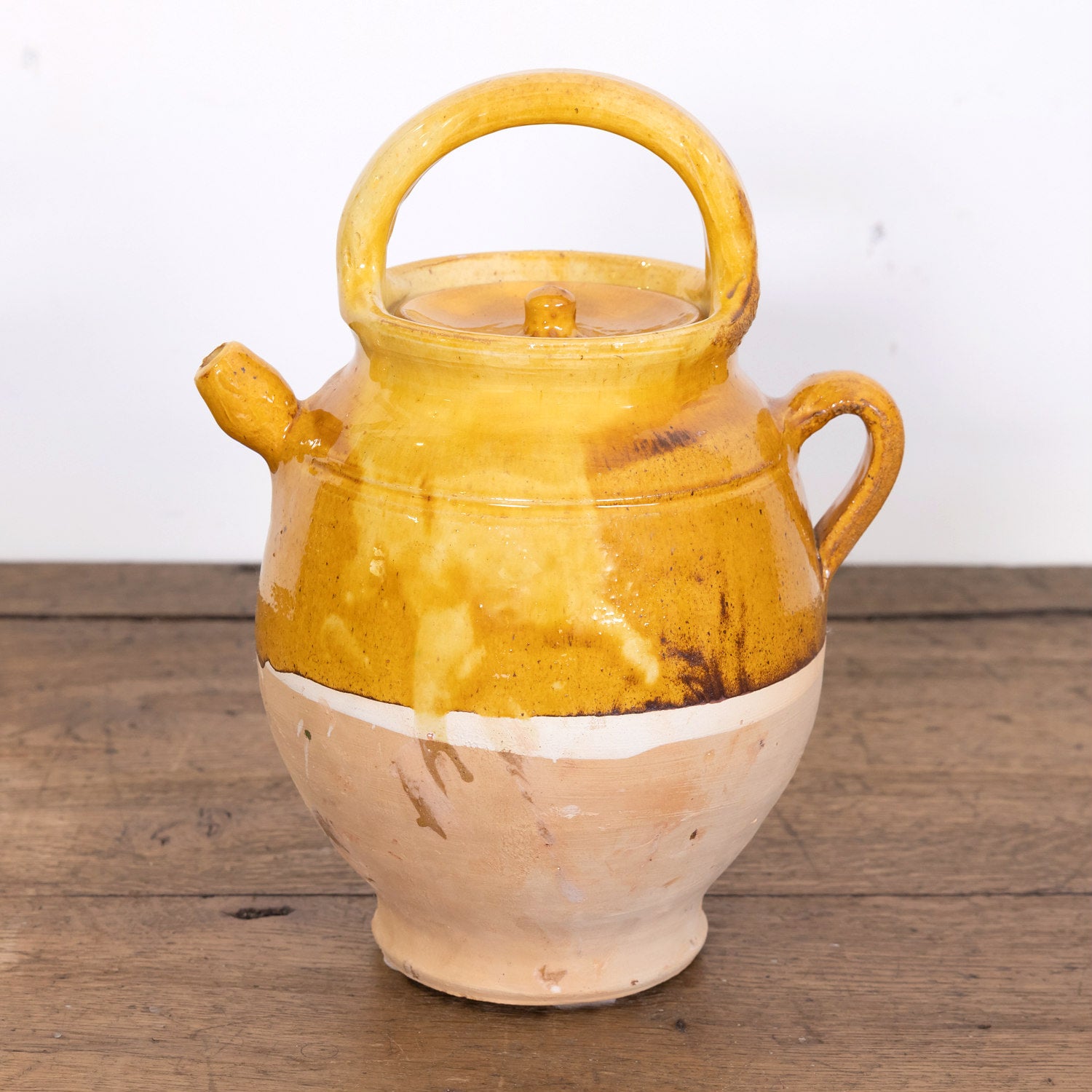 Large 19th Century Ochre Glazed French Cruche or Water Pitcher Complete with Lid