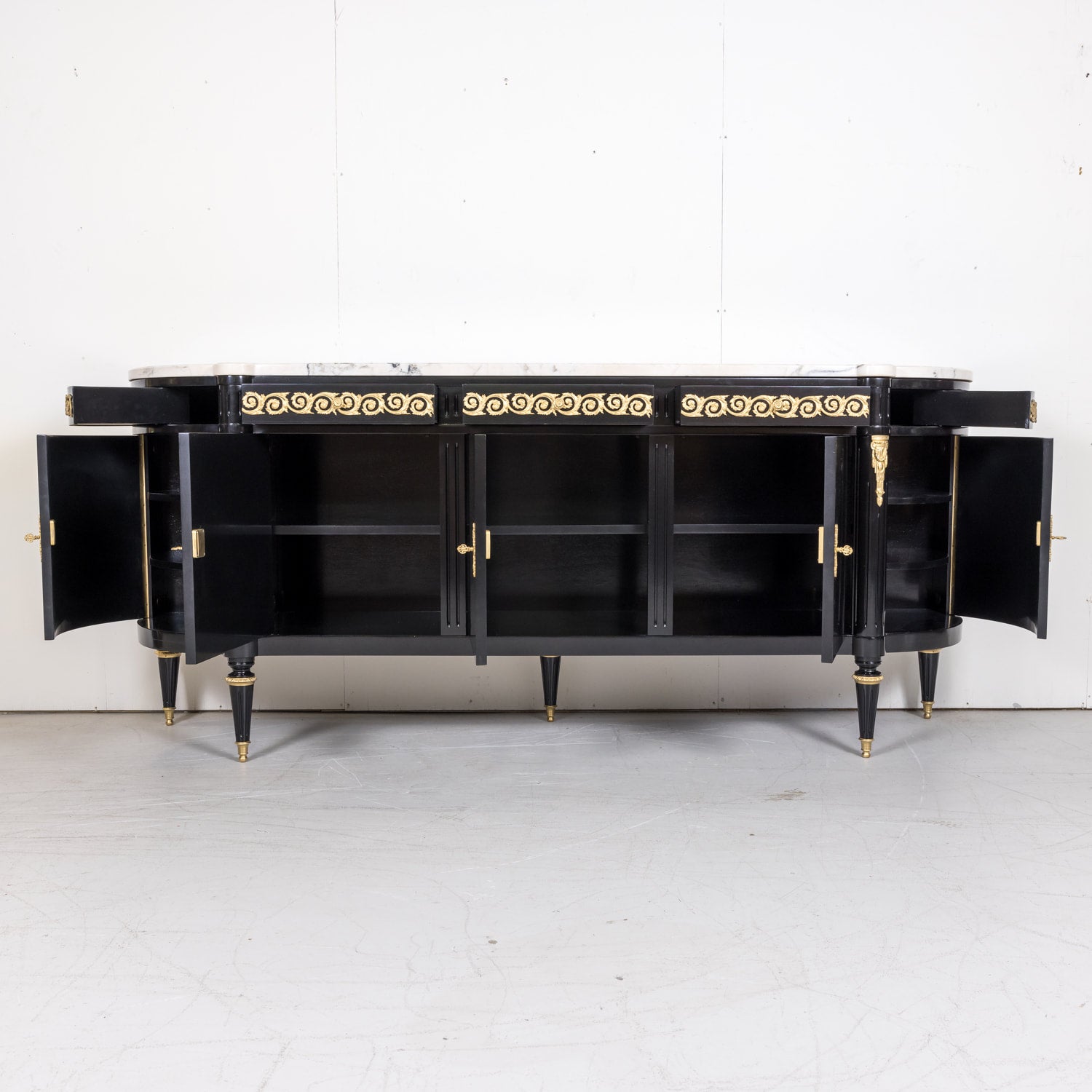 Exceptional French Louis XVI Style Ebonized Enfilade Buffet with Carrara Marble Top Attributed to Maison Mercier Freres 