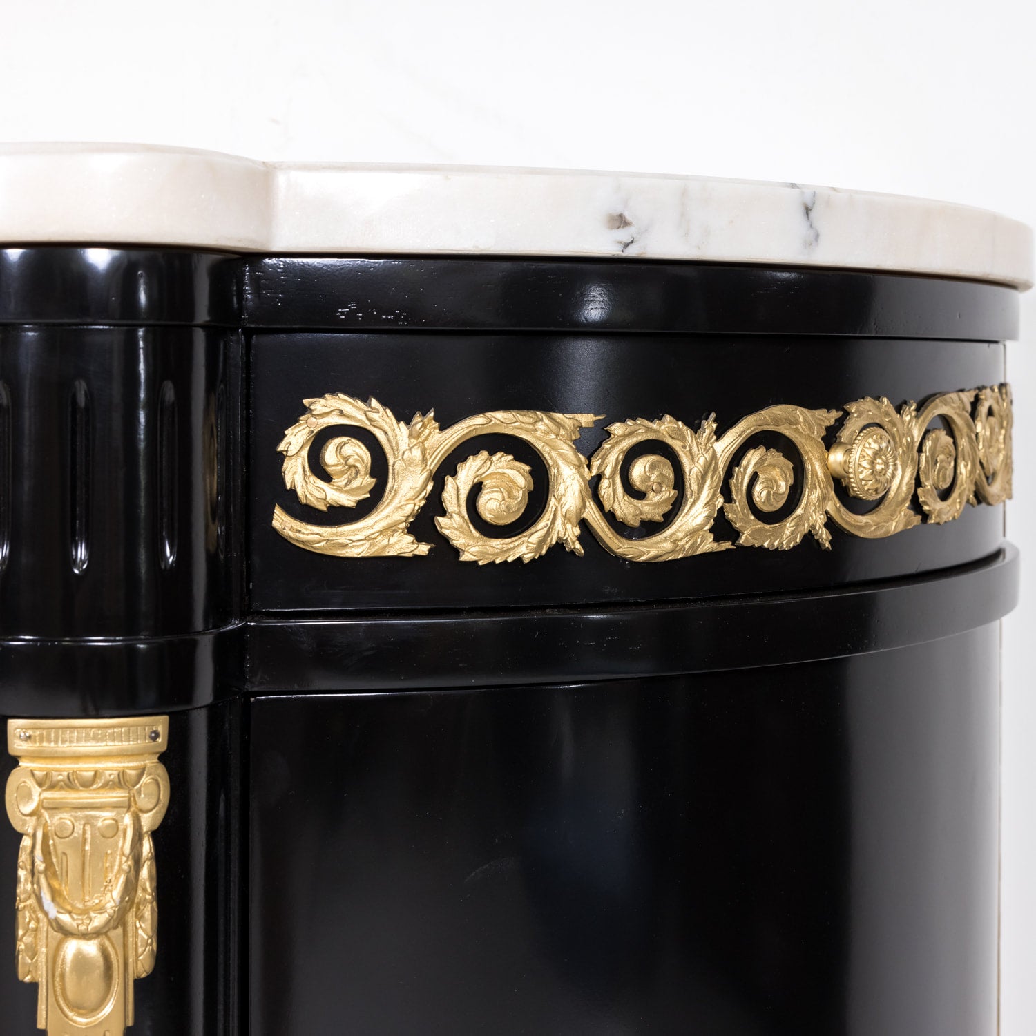 Exceptional French Louis XVI Style Ebonized Enfilade Buffet with Carrara Marble Top Attributed to Maison Mercier Freres 