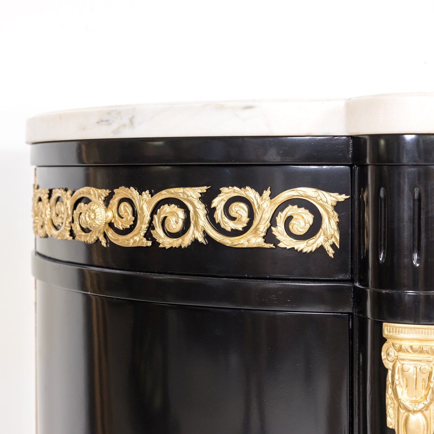 Exceptional French Louis XVI Style Ebonized Enfilade Buffet with Carrara Marble Top Attributed to Maison Mercier Freres 