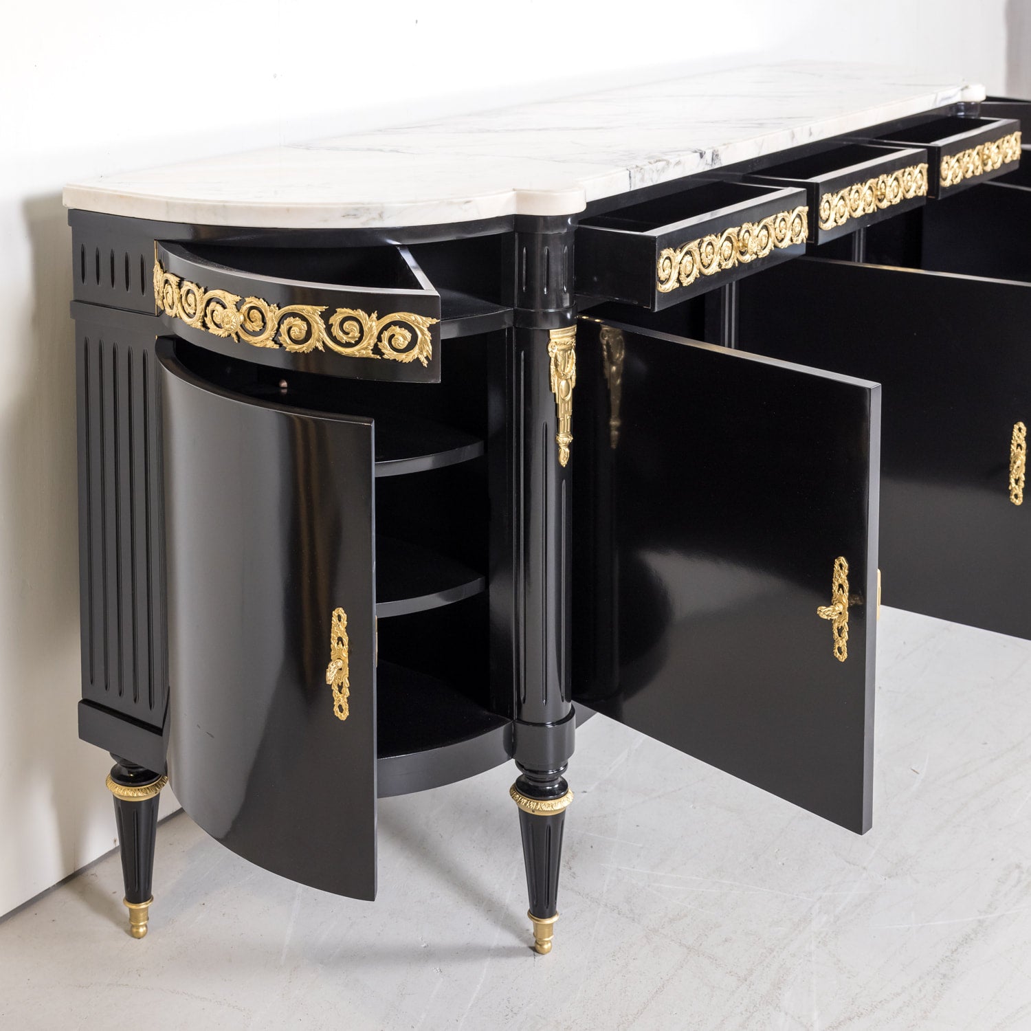 Exceptional French Louis XVI Style Ebonized Enfilade Buffet with Carrara Marble Top Attributed to Maison Mercier Freres 