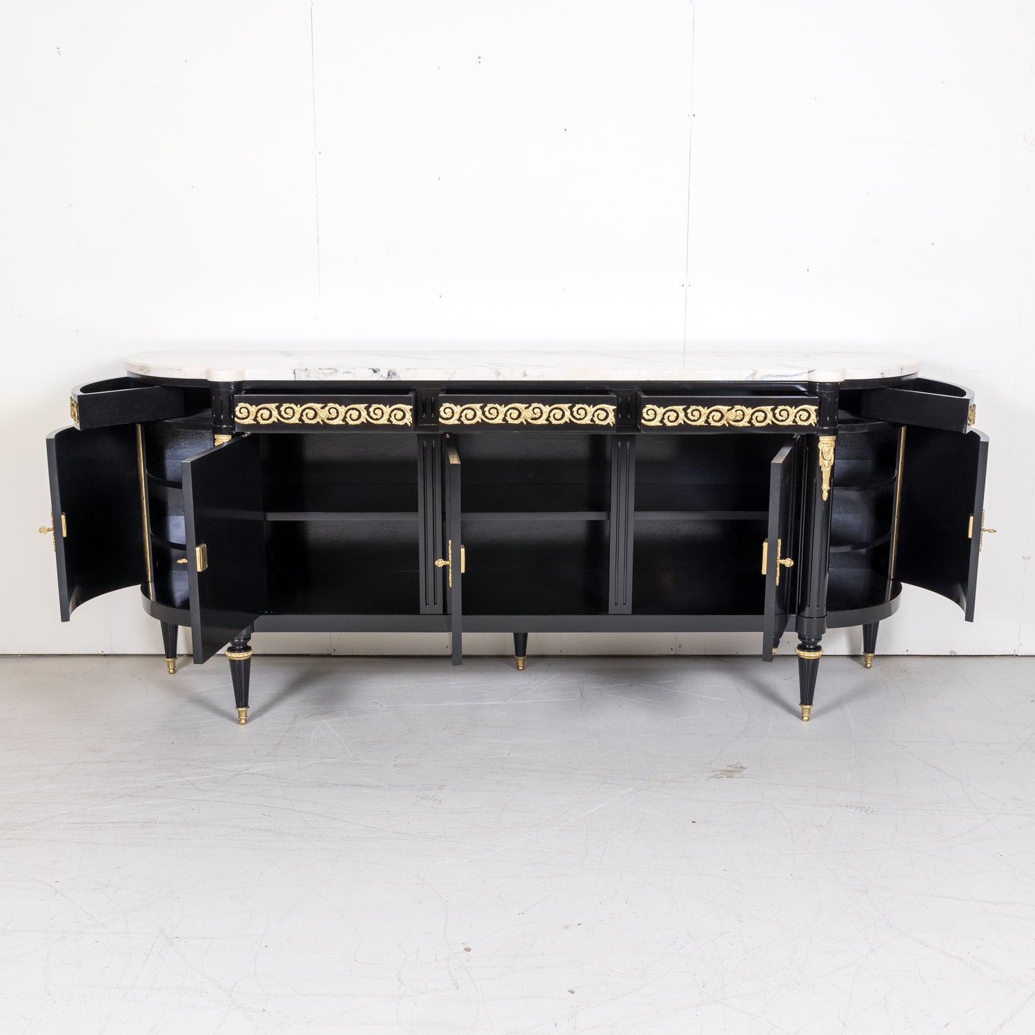 Exceptional French Louis XVI Style Ebonized Enfilade Buffet with Carrara Marble Top Attributed to Maison Mercier Freres 