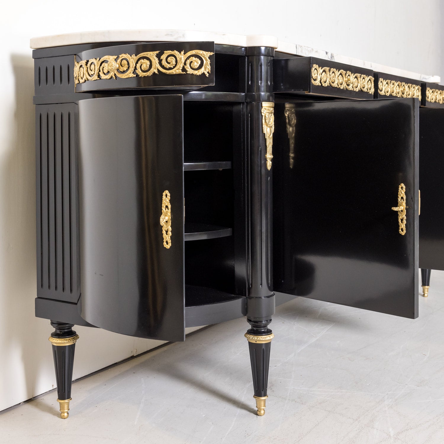 Exceptional French Louis XVI Style Ebonized Enfilade Buffet with Carrara Marble Top Attributed to Maison Mercier Freres 