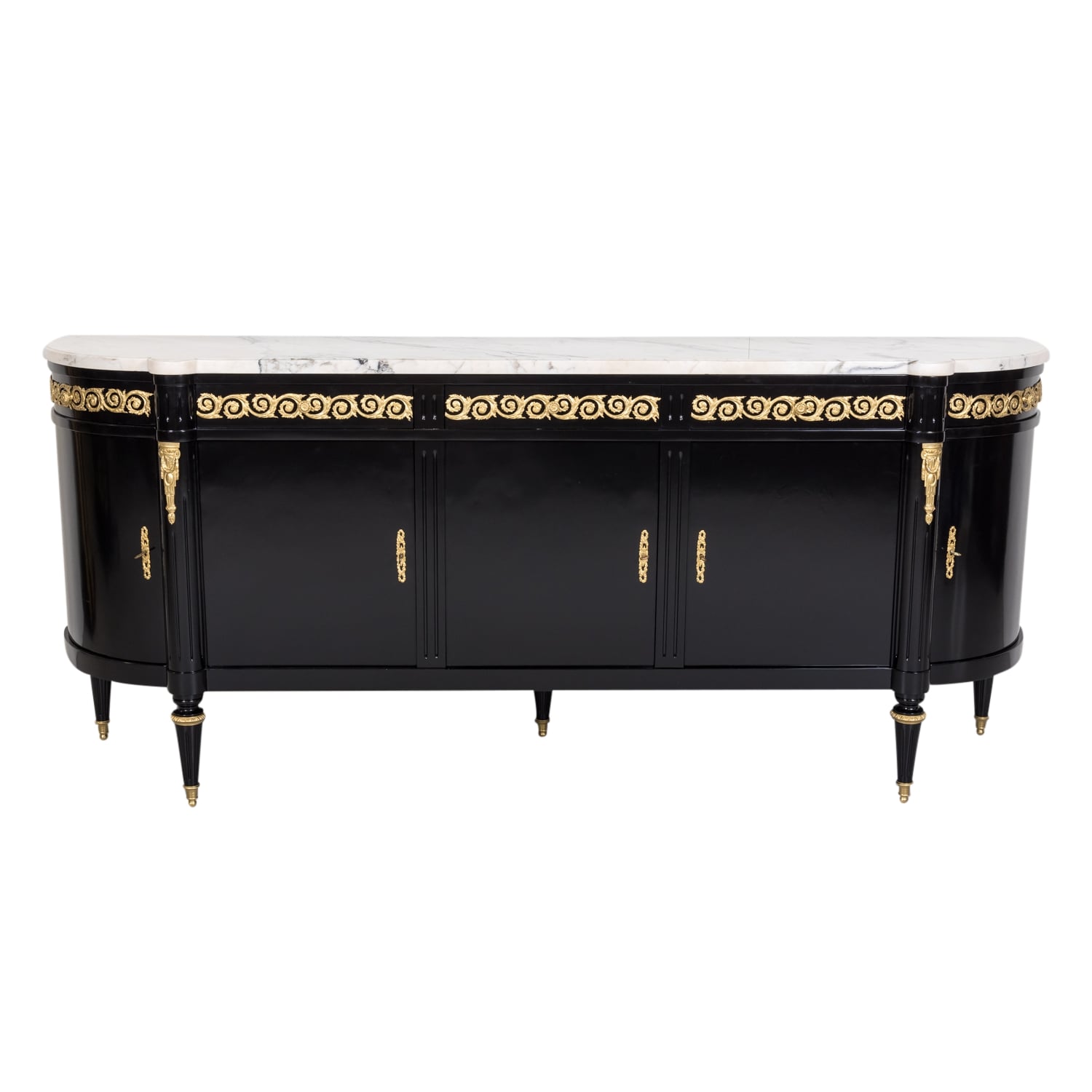Exceptional French Louis XVI Style Ebonized Enfilade Buffet with Carrara Marble Top Attributed to Maison Mercier Freres 