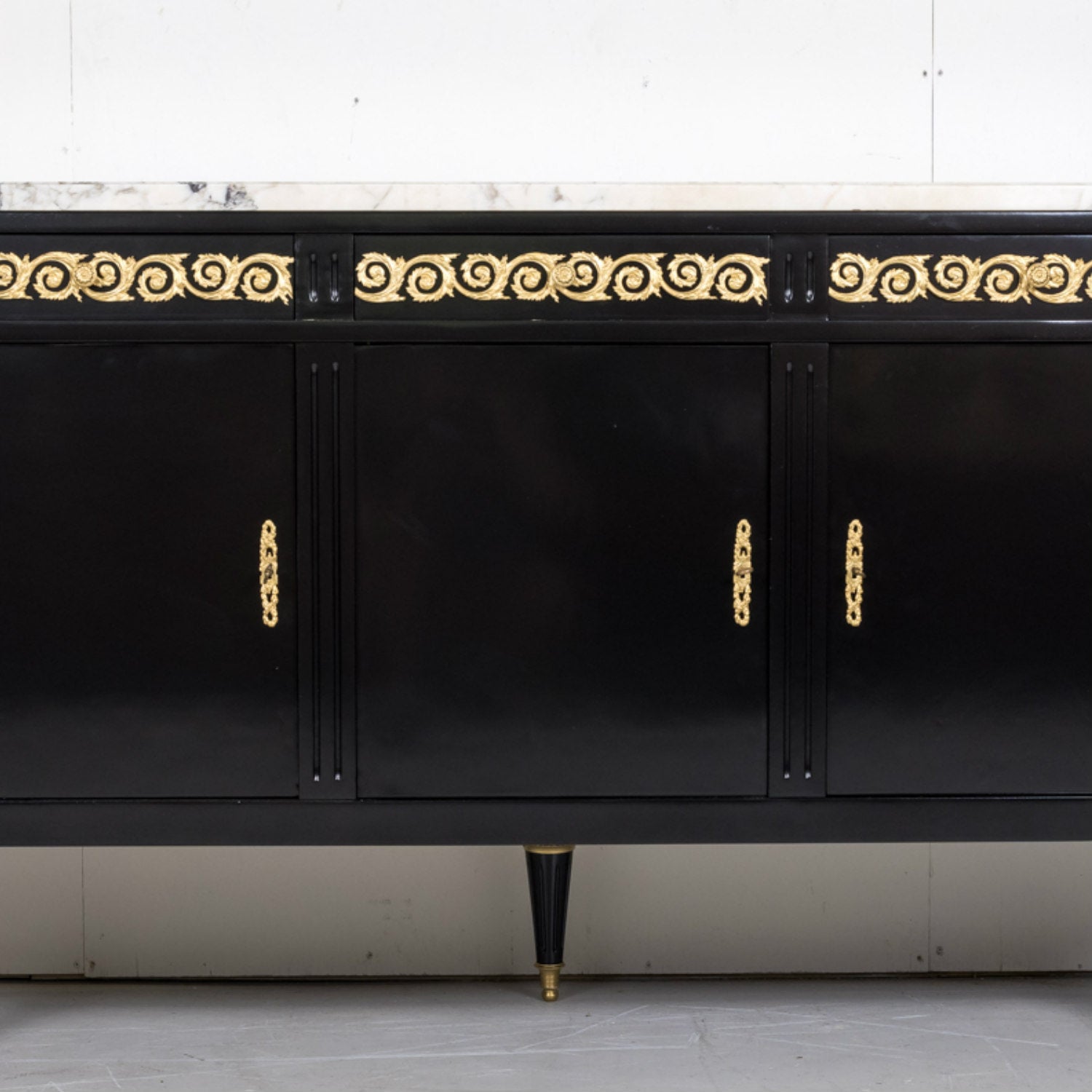 Exceptional French Louis XVI Style Ebonized Enfilade Buffet with Carrara Marble Top Attributed to Maison Mercier Freres 