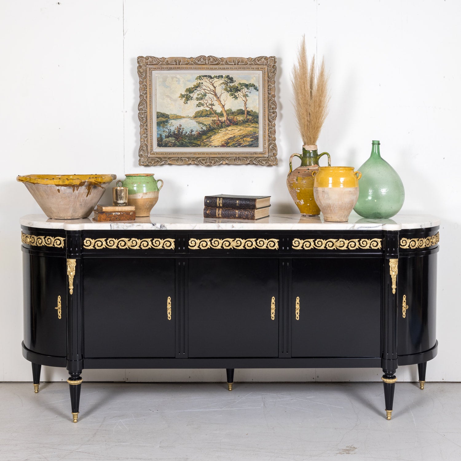 Exceptional French Louis XVI Style Ebonized Enfilade Buffet with Carrara Marble Top Attributed to Maison Mercier Freres 