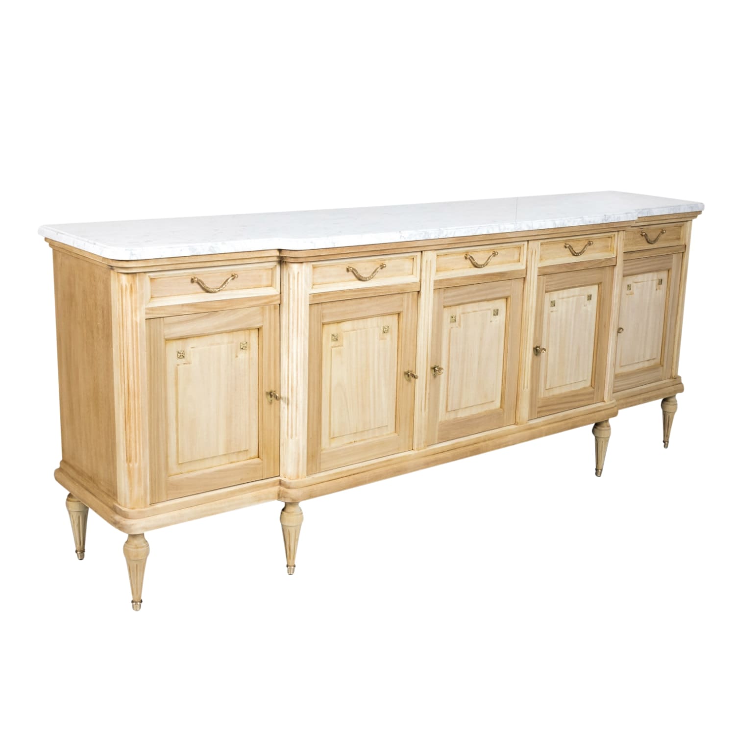 Antique French Louis XVI Style Bleached Enfilade Buffet with Carrara Marble Top
